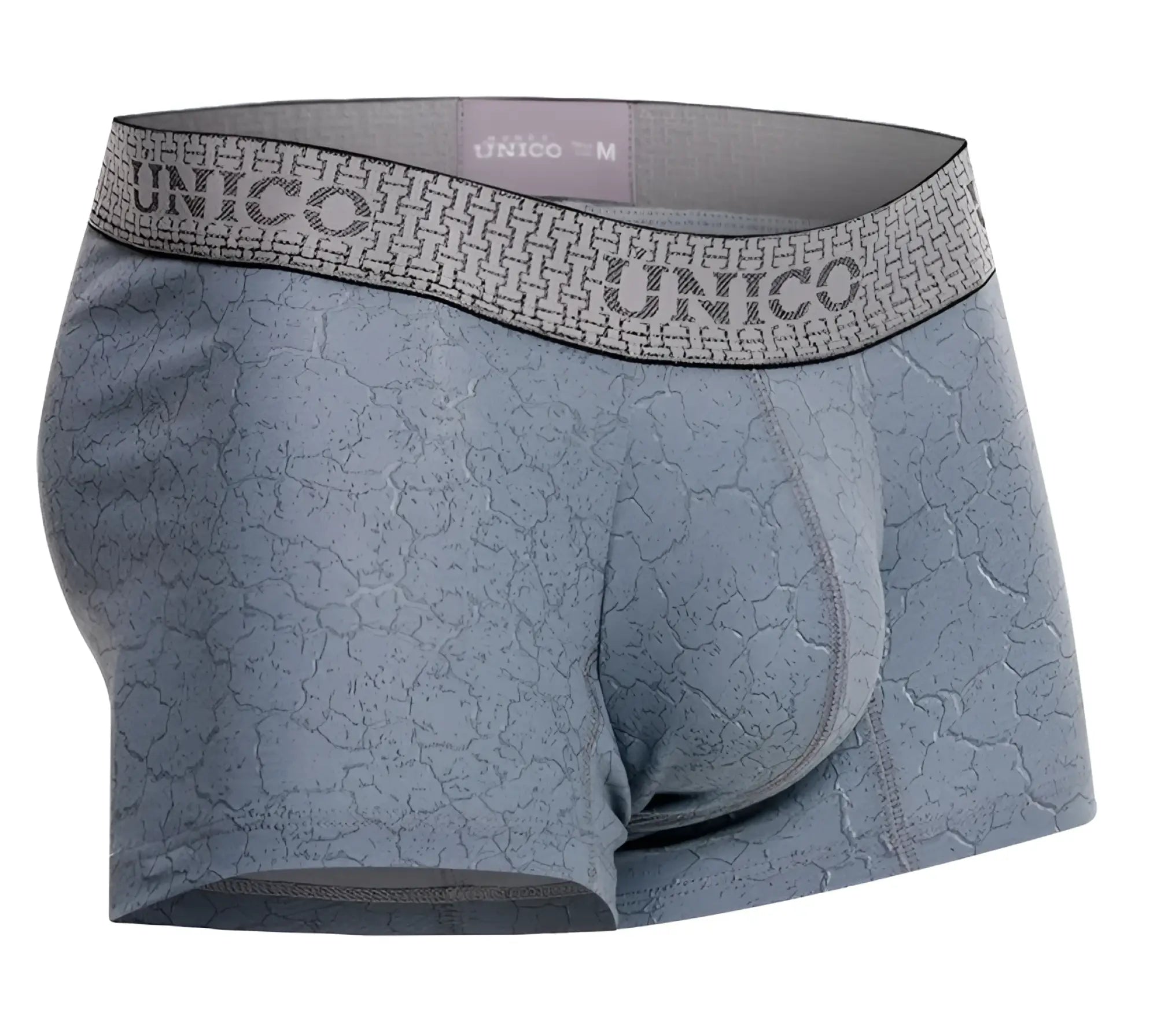 Gray unico men’s boxer briefs with subtle cracked texture and branded waistband in color 59 gray baldío trunks