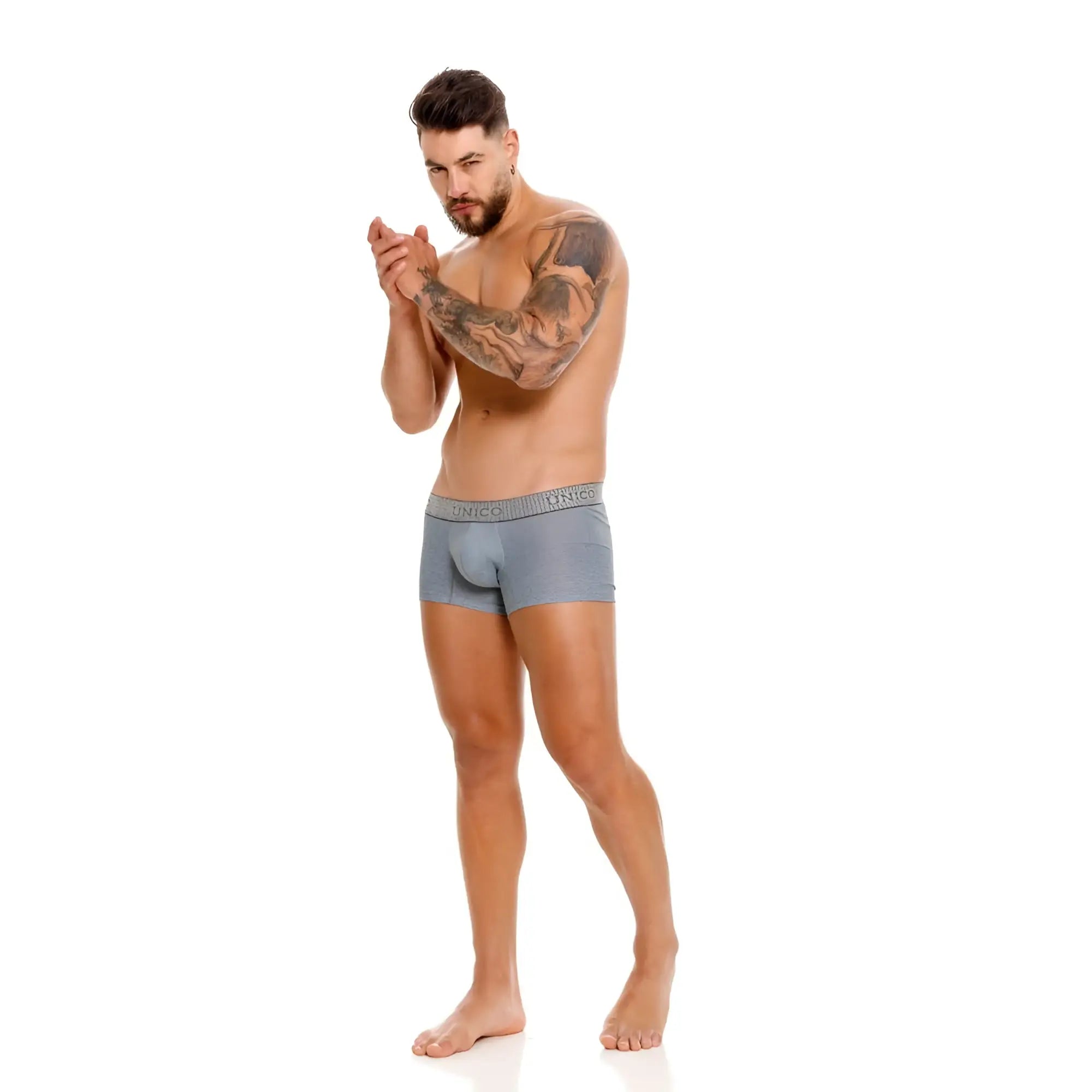 Gray unico 25020100116 baldio trunks with textured waistband featuring unicos brand name for comfortable wear