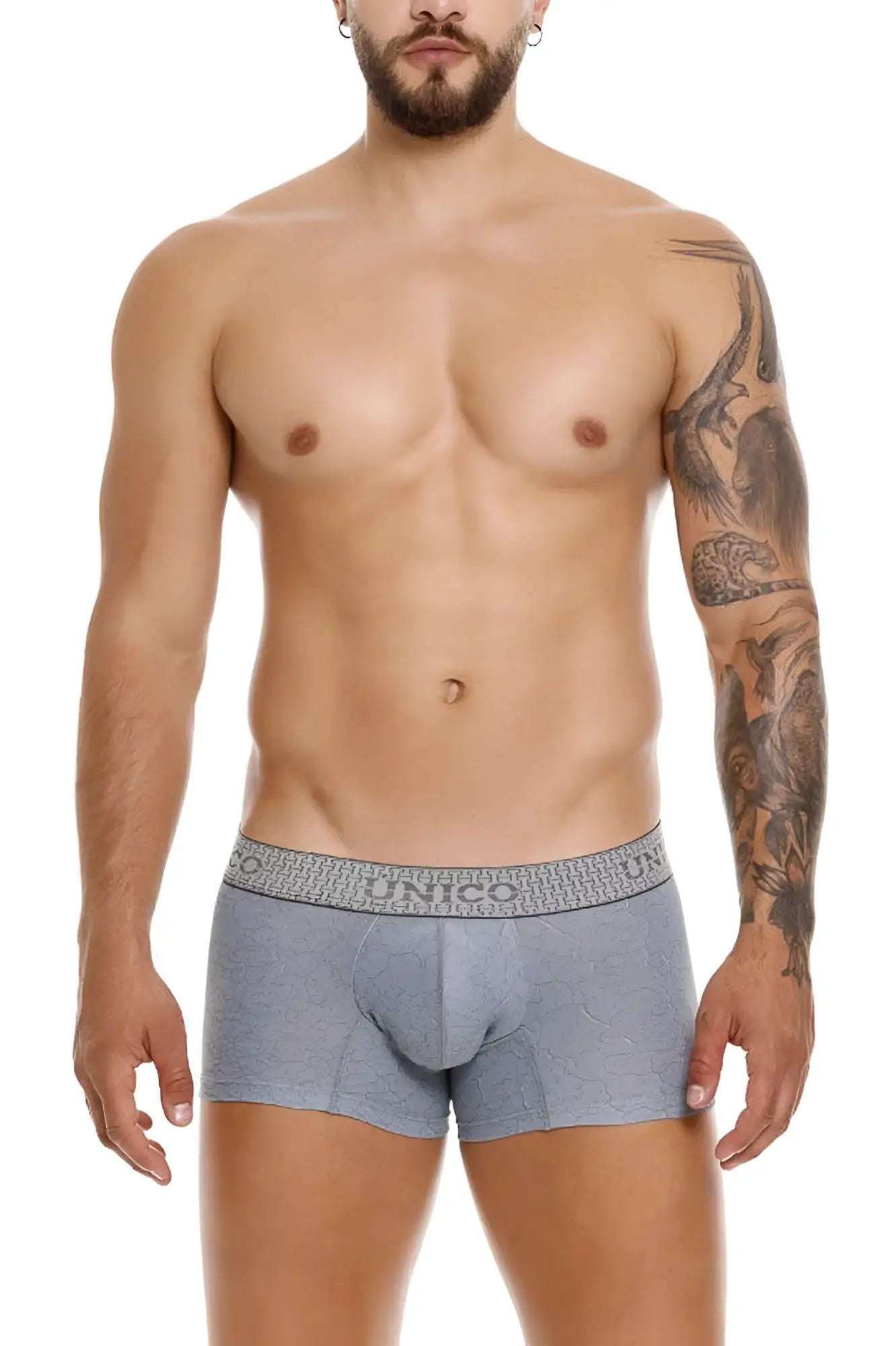 Gray patterned Unico 25020100116 Baldio trunks with textured waistband featuring brand name and comfortable fit
