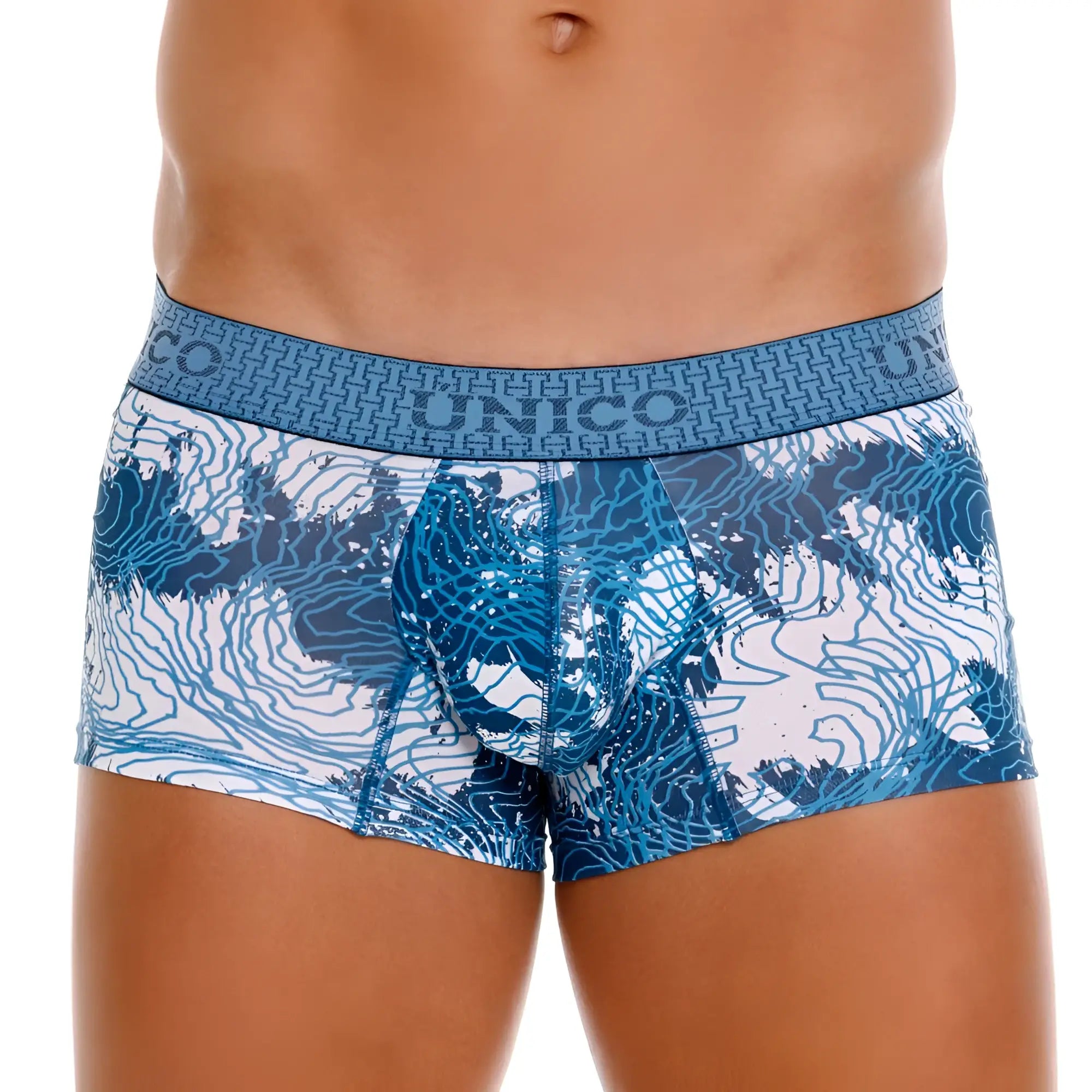 Blue and white patterned Unico 25020100117 Barniz men’s boxer briefs with a geometric waistband design in color 46-Blue