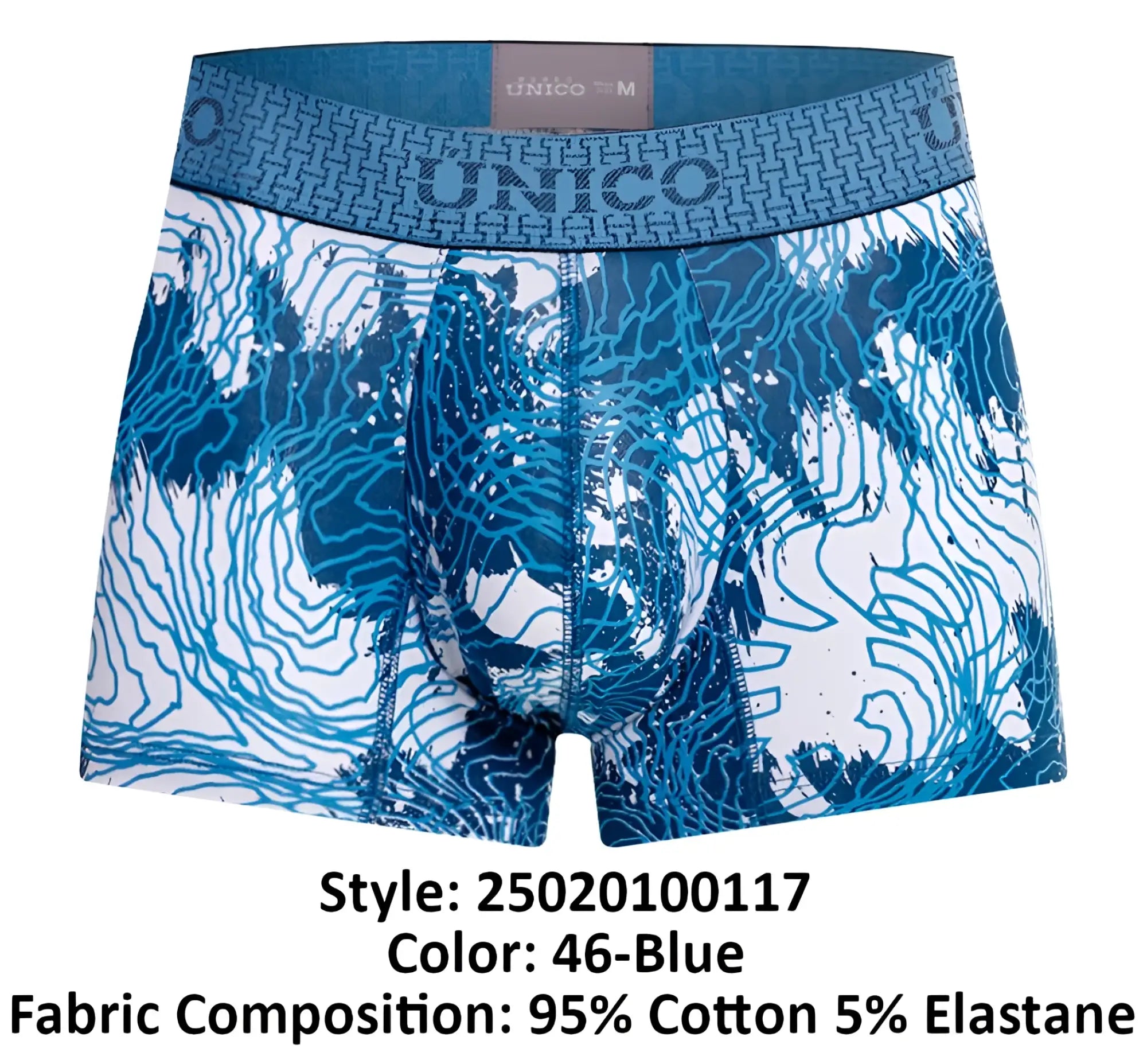 Blue and white patterned unico 25020100117 barniz trunks mens boxer briefs with geometric waistband design
