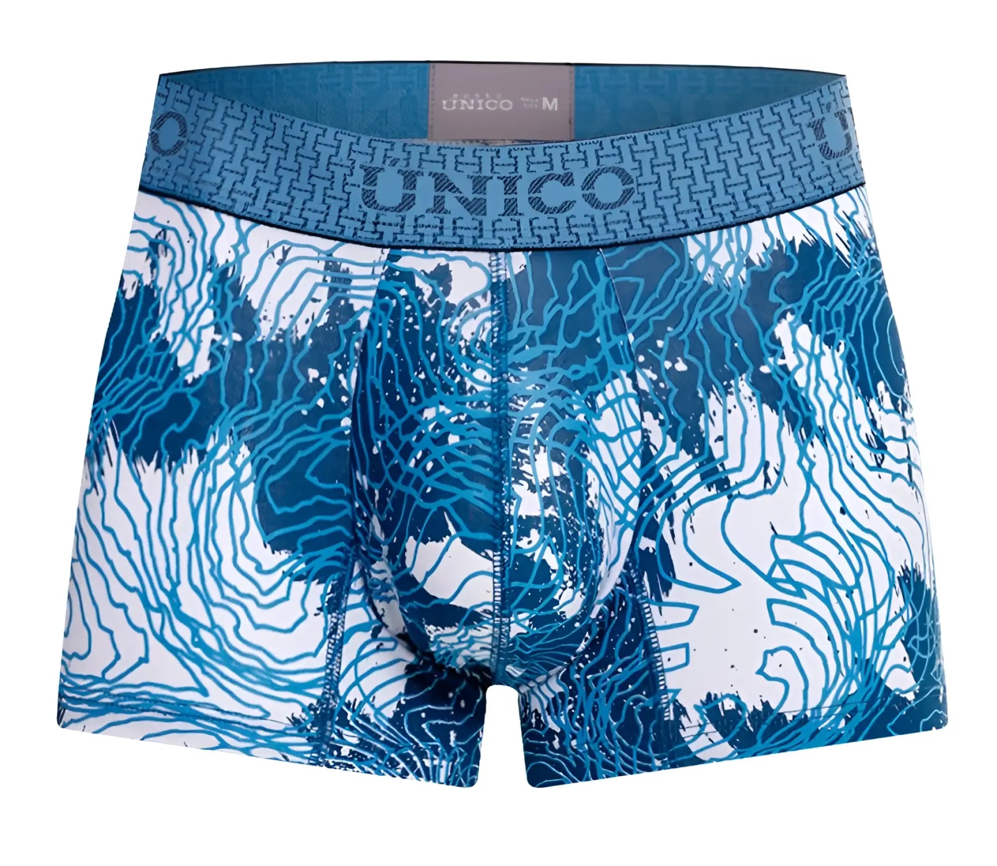 Blue and white patterned unico men’s boxer briefs with geometric waistband design in color 46-blue