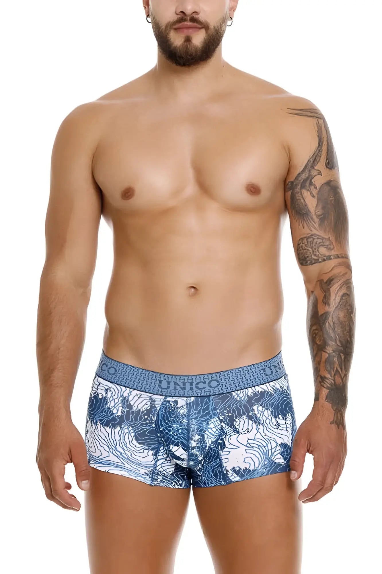 Blue and white patterned men’s briefs with decorative waistband featuring nico brand name Unico 25020100117 Barniz trunks
