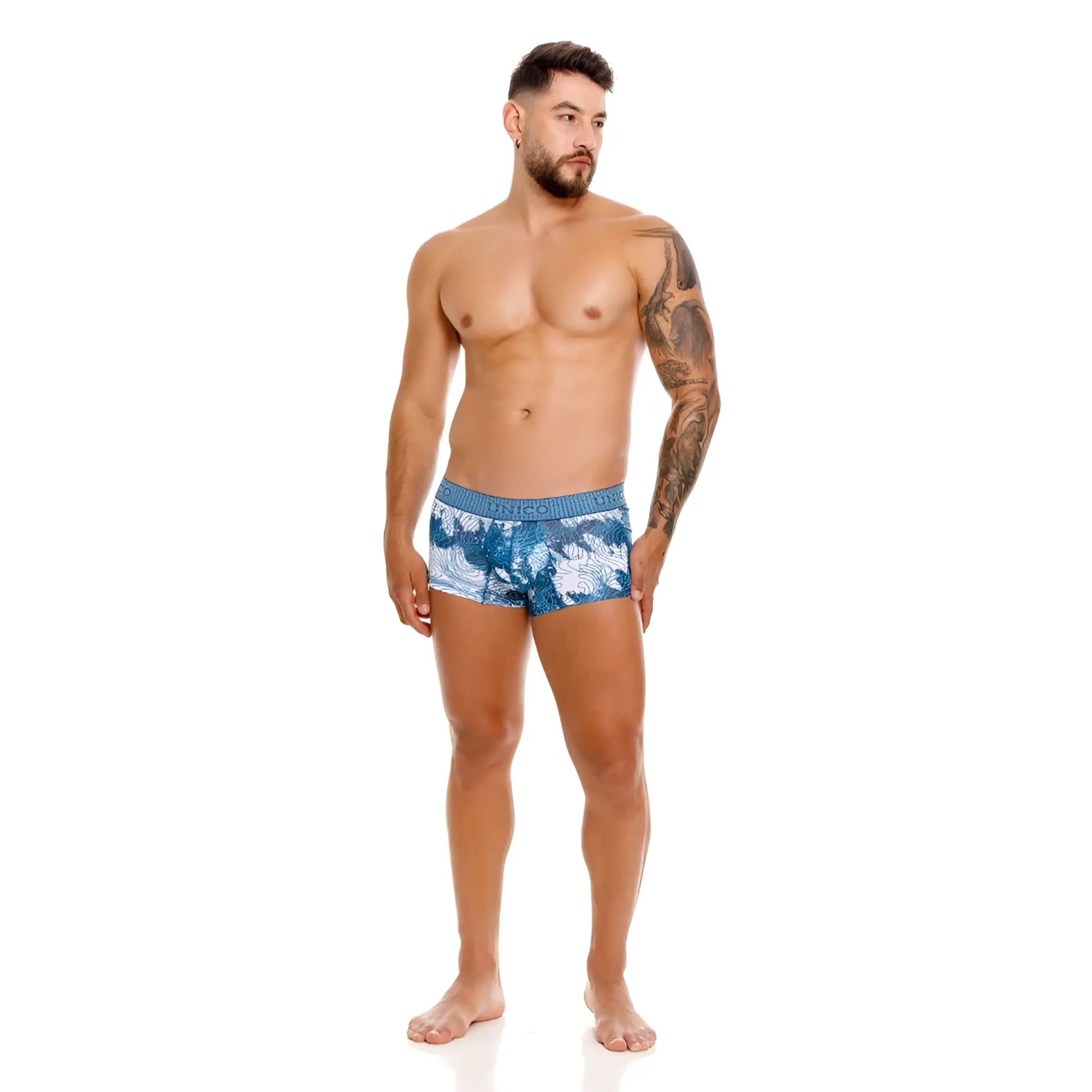 Unico 25020100117 barniz trunks blue men’s briefs with blue and white tropical leaf pattern front view