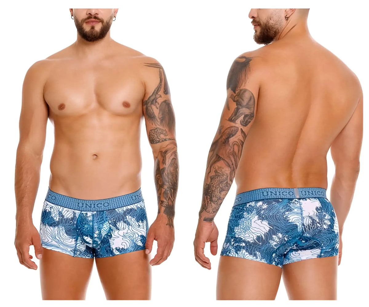 Blue and white wave-patterned boxer briefs with textured elastic waistband unic 25020100117 barniz trunks color 46-blue