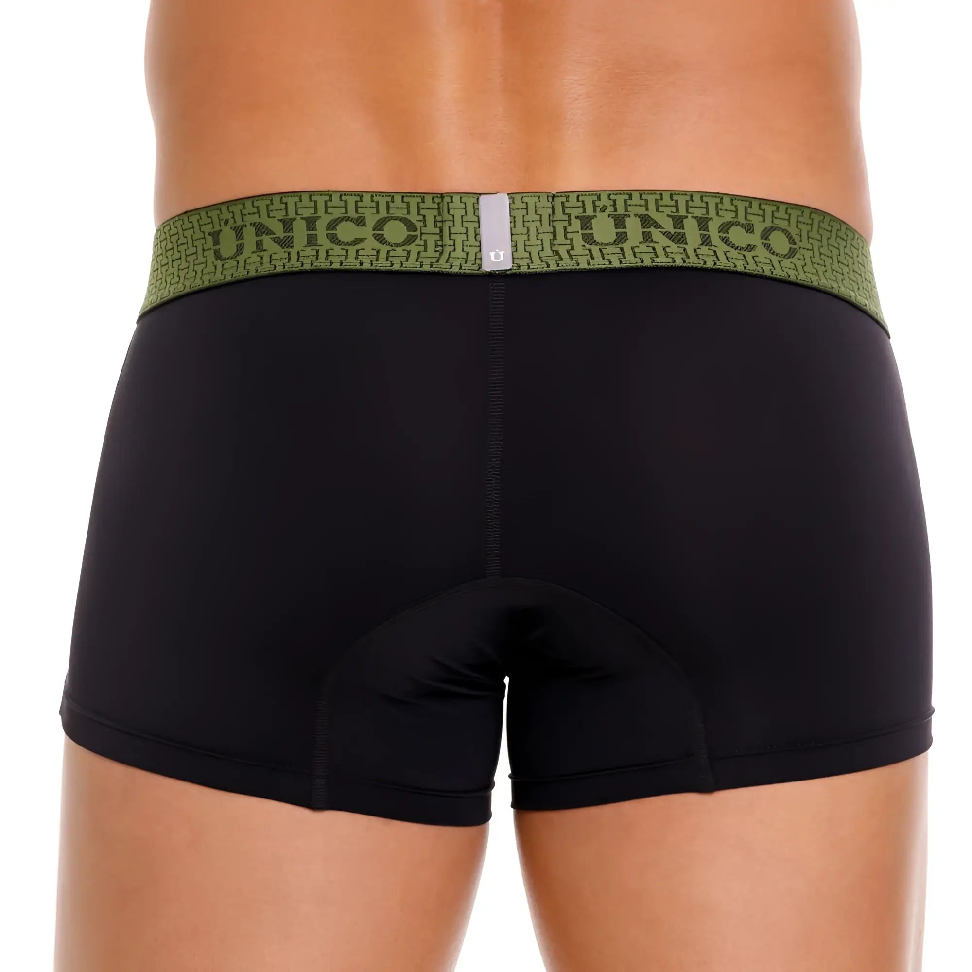 Black unico 25020100121 tribunal trunks boxer briefs with olive green geometric waistband and brand name