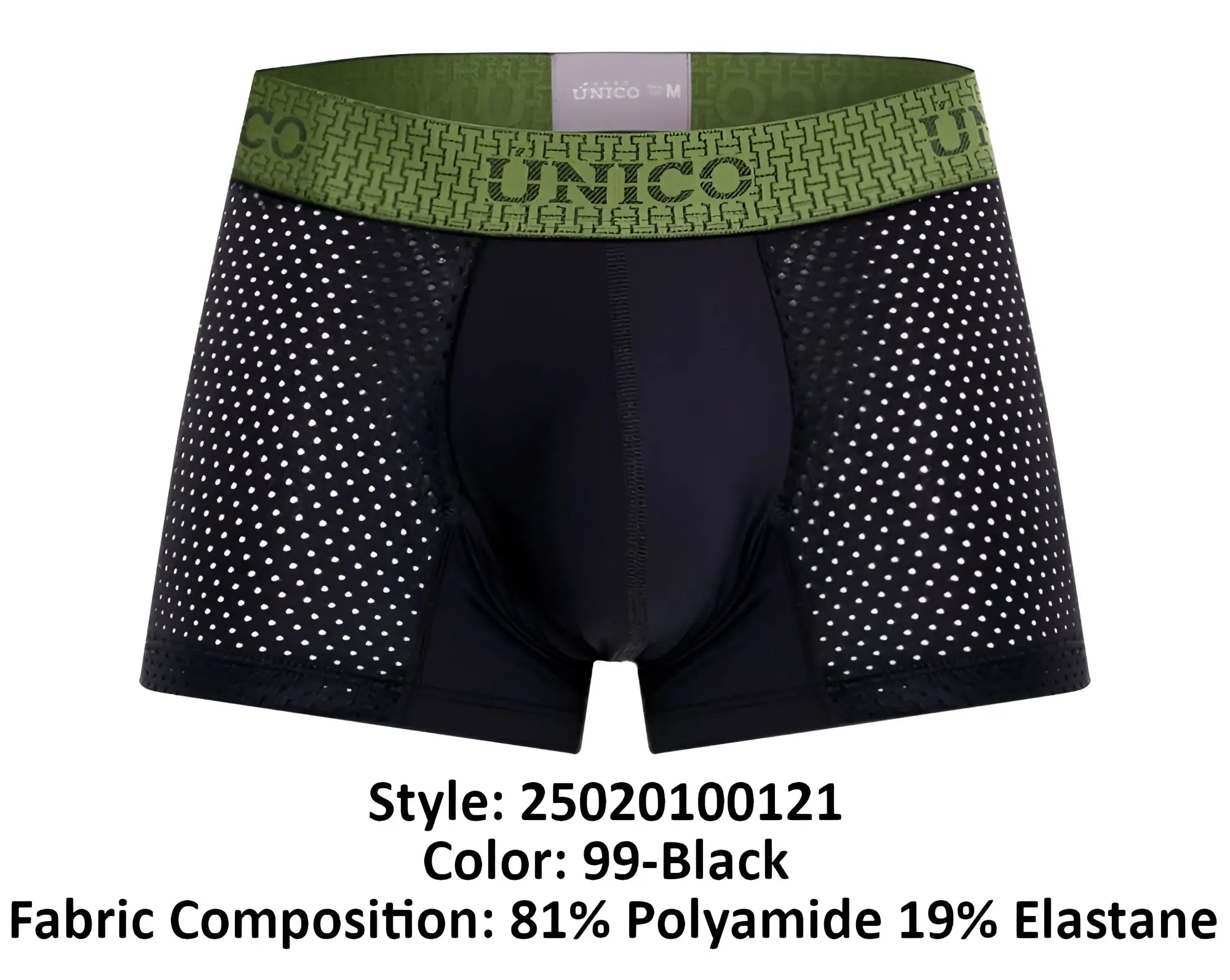 Black unico mens boxer briefs with green patterned waistband featuring bold unico logo tribunal trunks color 99-black