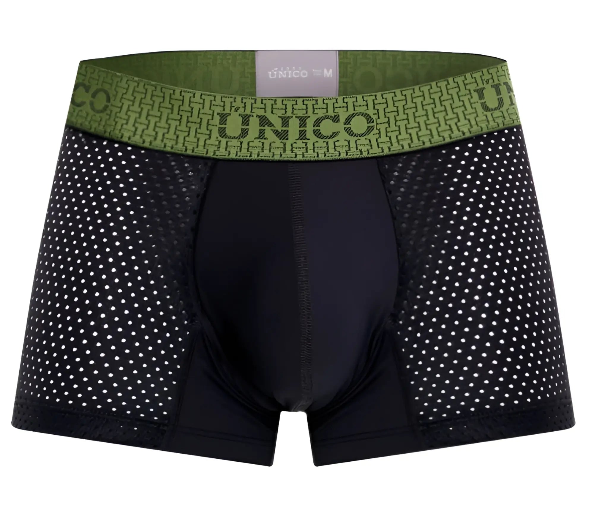 Black unico men’s boxer briefs with green patterned waistband featuring brand name and size label tribunal trunks color 99-black