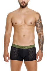 Black mesh unico tribunal trunks with green elastic waistband and lunco branding in white lettering