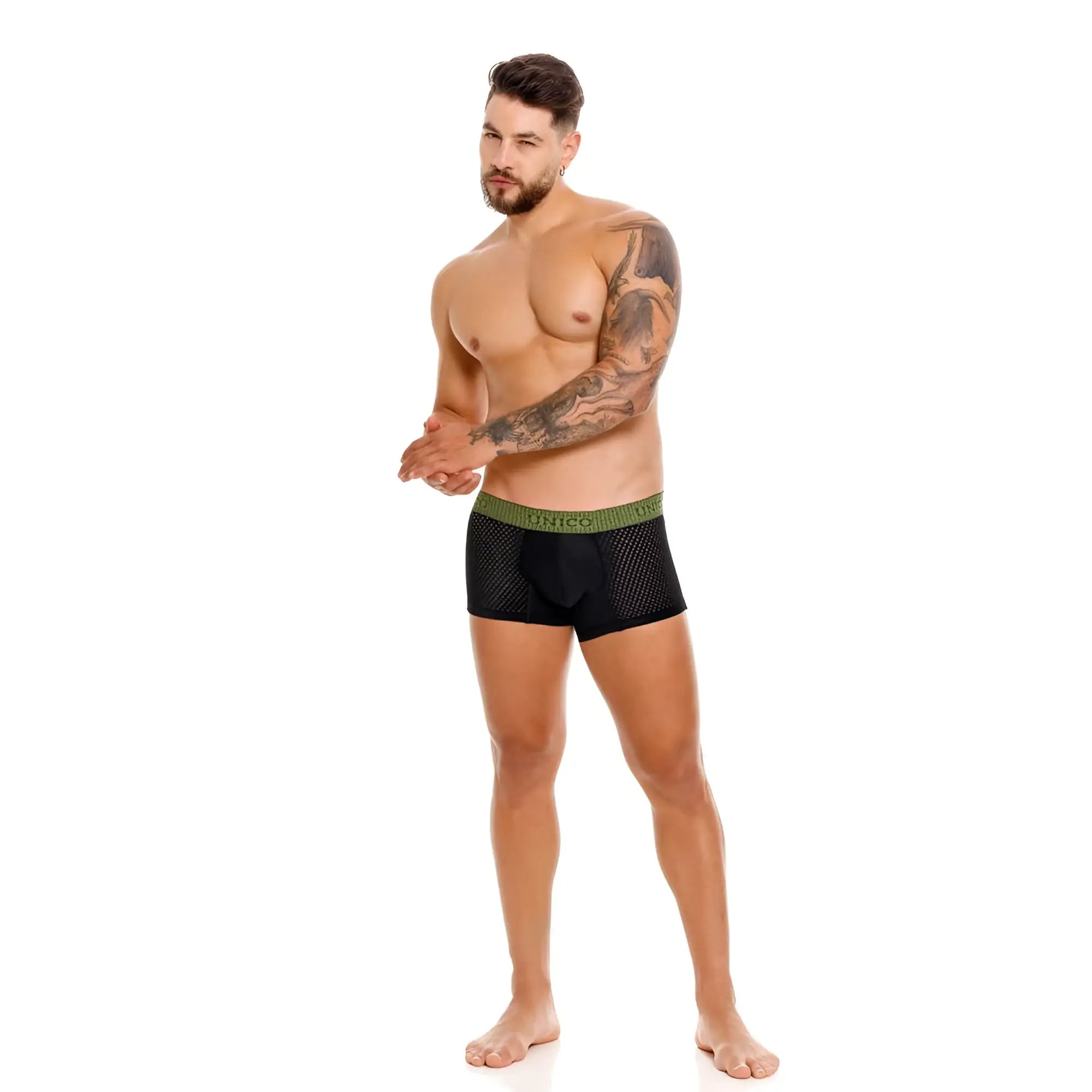 Unico 25020100121 tribunal trunks black mesh boxer briefs with green elastic waistband for breathable comfort