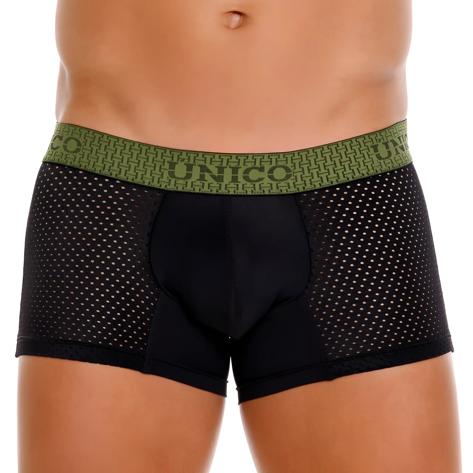 Unico 25020100121 tribunal trunks black mesh boxer briefs with olive green waistband and unico logo pattern