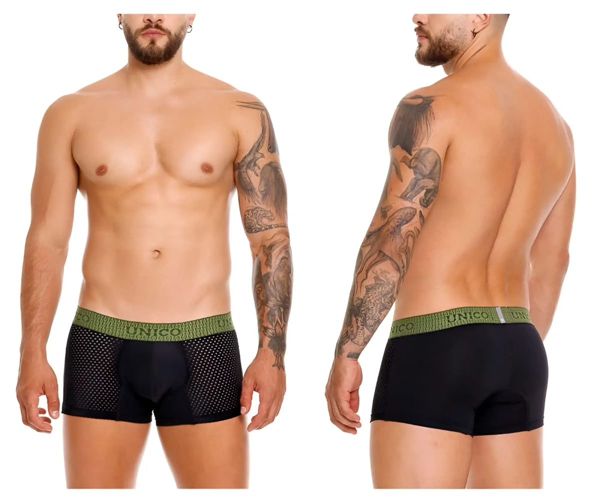 Black mesh unico tribunal trunks with green elastic waistband featuring unico brand name color 99 black