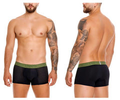 Black mesh unico tribunal trunks with green elastic waistband featuring unico brand name color 99 black