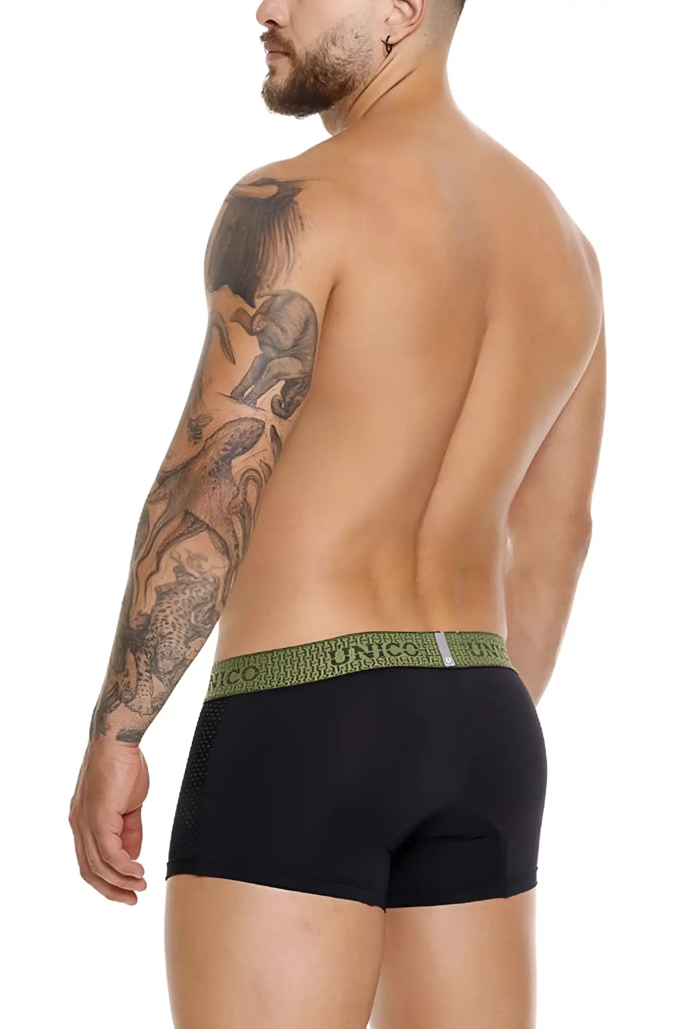 Black unico 25020100121 tribunal trunks briefs with olive green elastic waistband featuring white unico branding