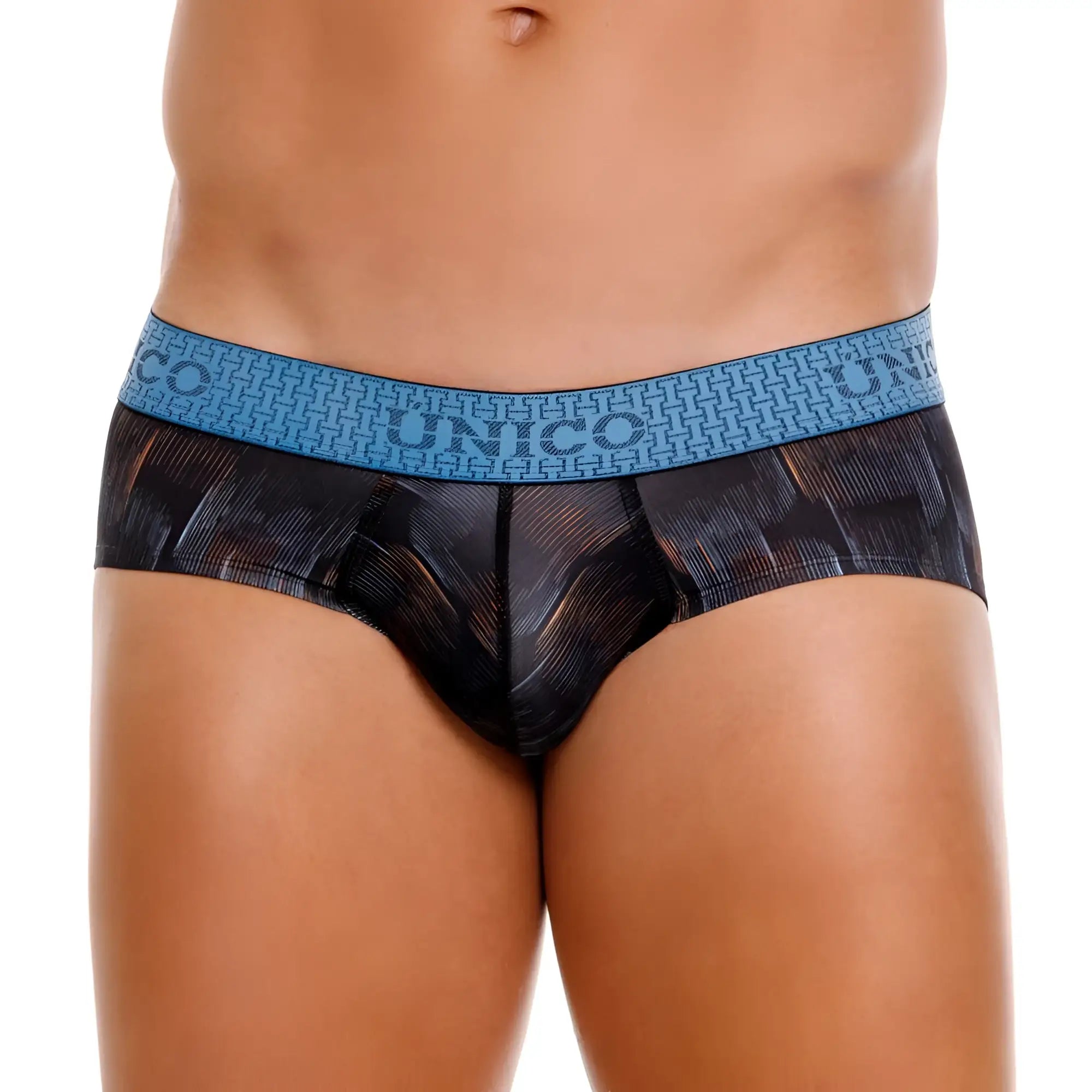 Unico 25020101102 epitome briefs in black blue pattern with textured waistband designed for men’s comfort and style