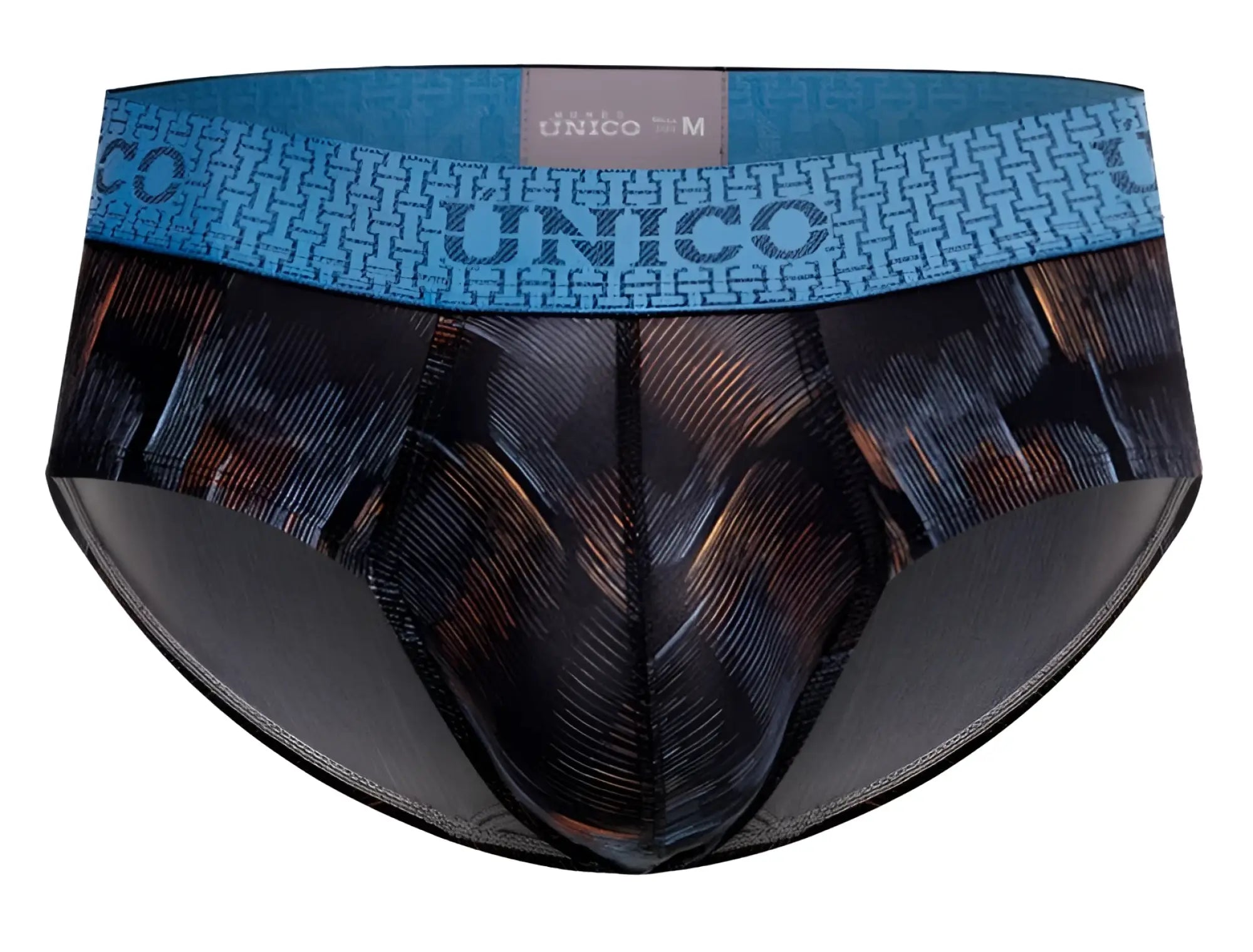 Unico epitome briefs in black with blue and black patterned fabric and geometric design on the waistband