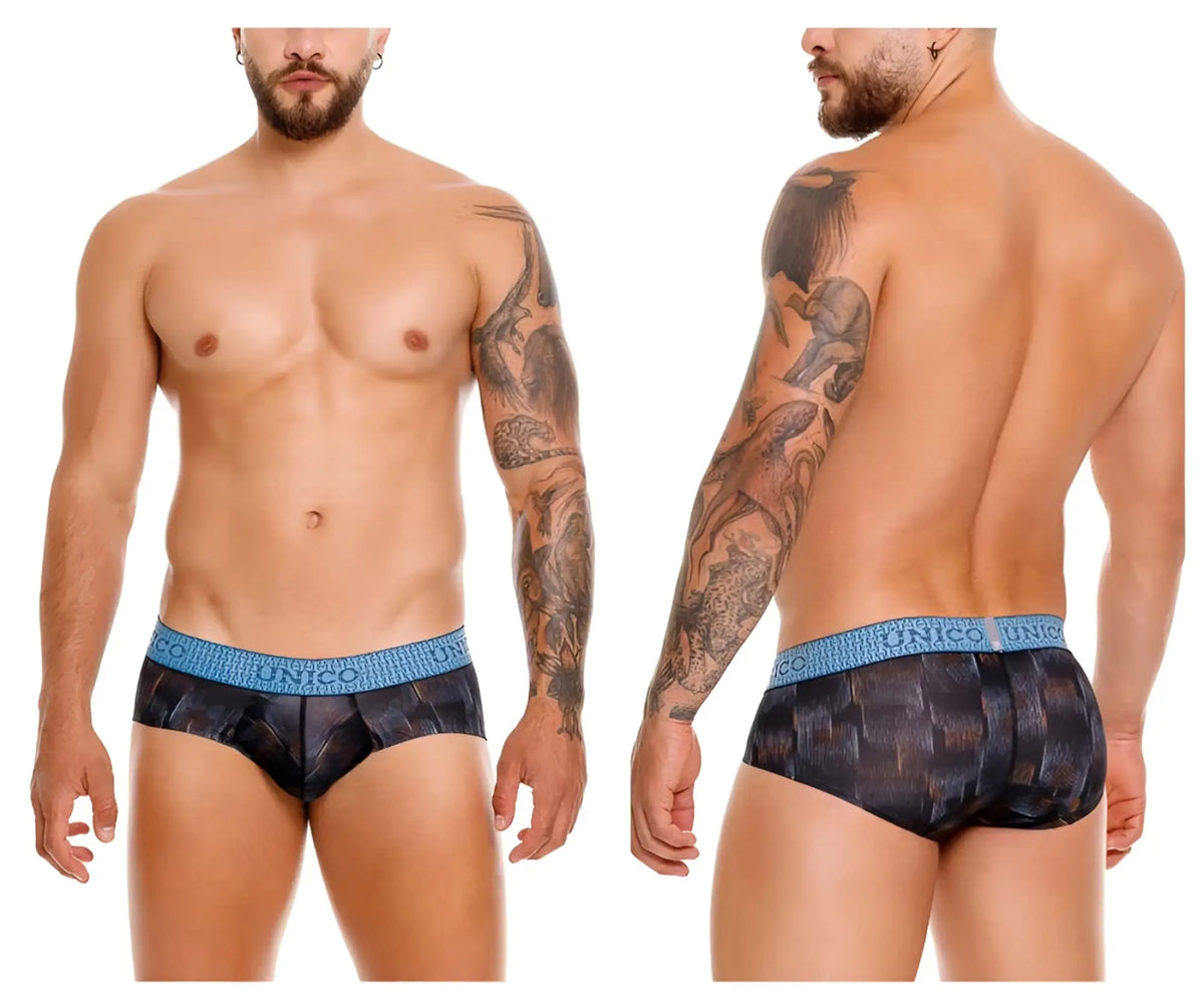 Unico epitome briefs in black with blue patterned textured woven design for men