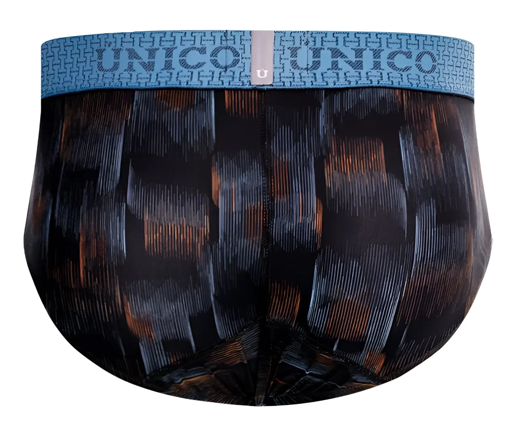 Unico 25020101102 Epitome briefs in black and orange geometric pattern with blue waistband featuring Unico logo