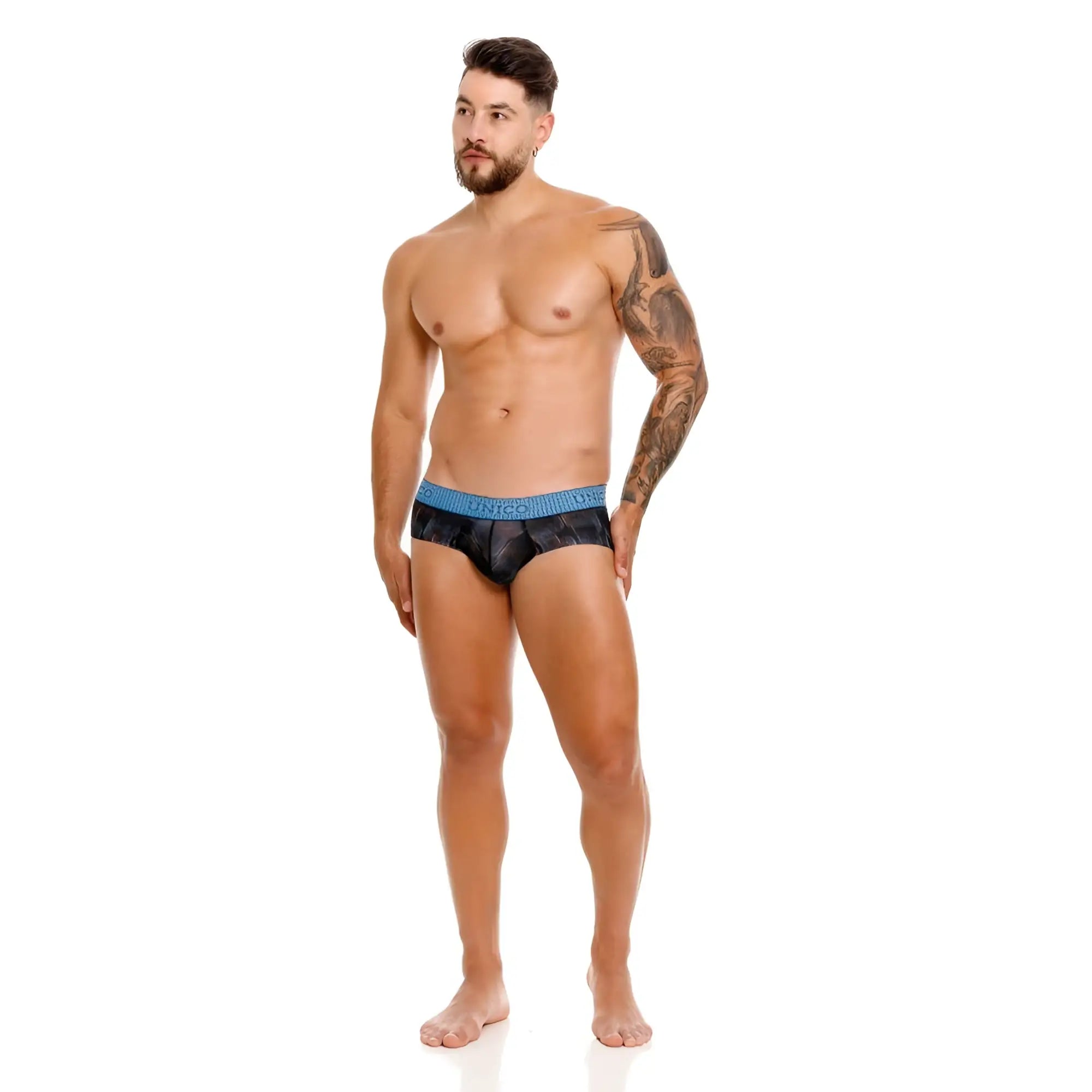 Black patterned Unico Epitome briefs with blue elastic waistband branded unico in color 99-black