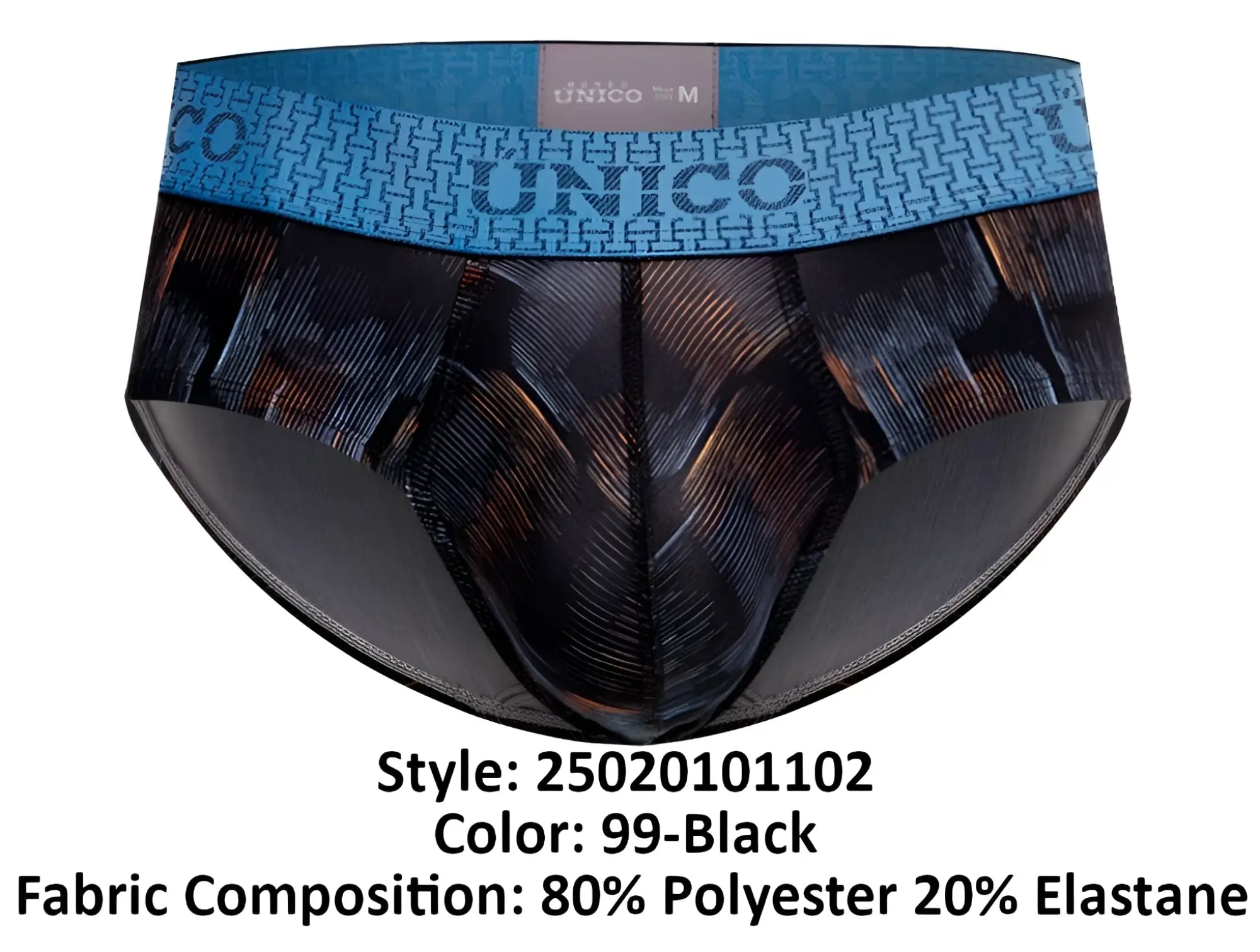 Unico 25020101102 Epitome briefs in black patterned fabric with a blue waistband featuring the Unico logo