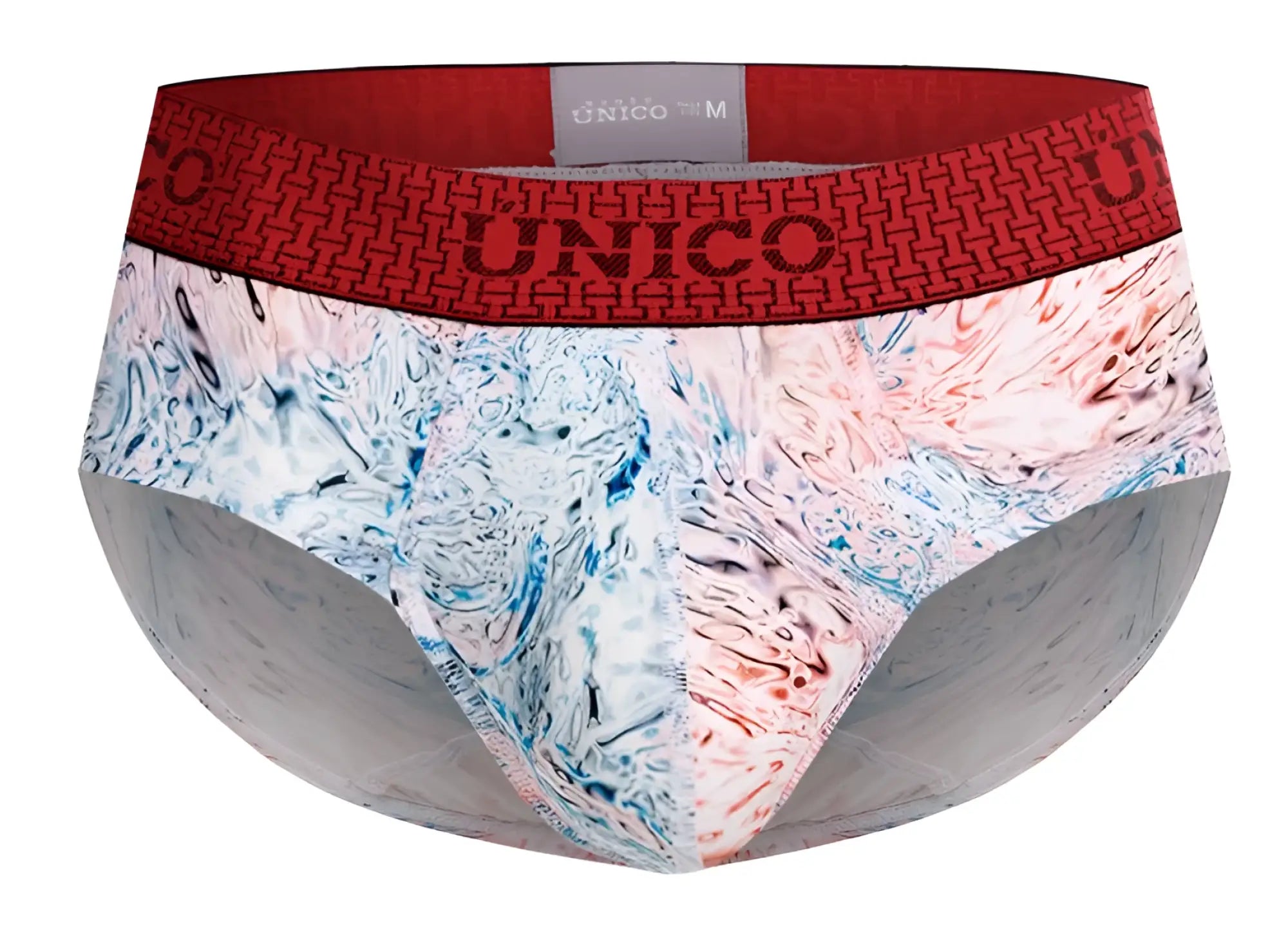 Unico 25020101103 Rizo briefs in white with vibrant blue pink watercolor pattern and bold red waistband for men