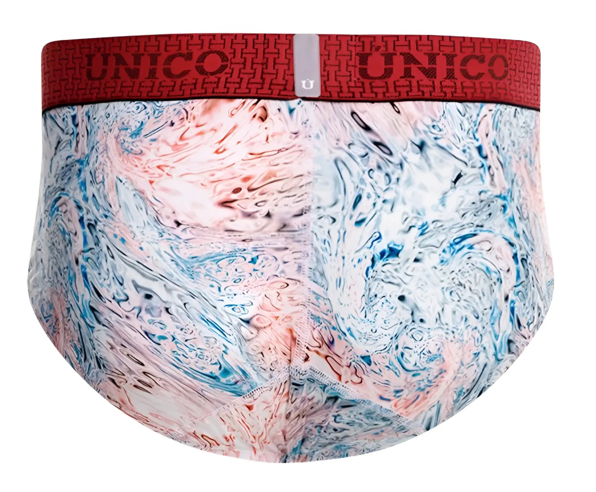 Unico 25020101103 Rizo briefs in white feature vibrant blue pink marble pattern with red elastic waistband