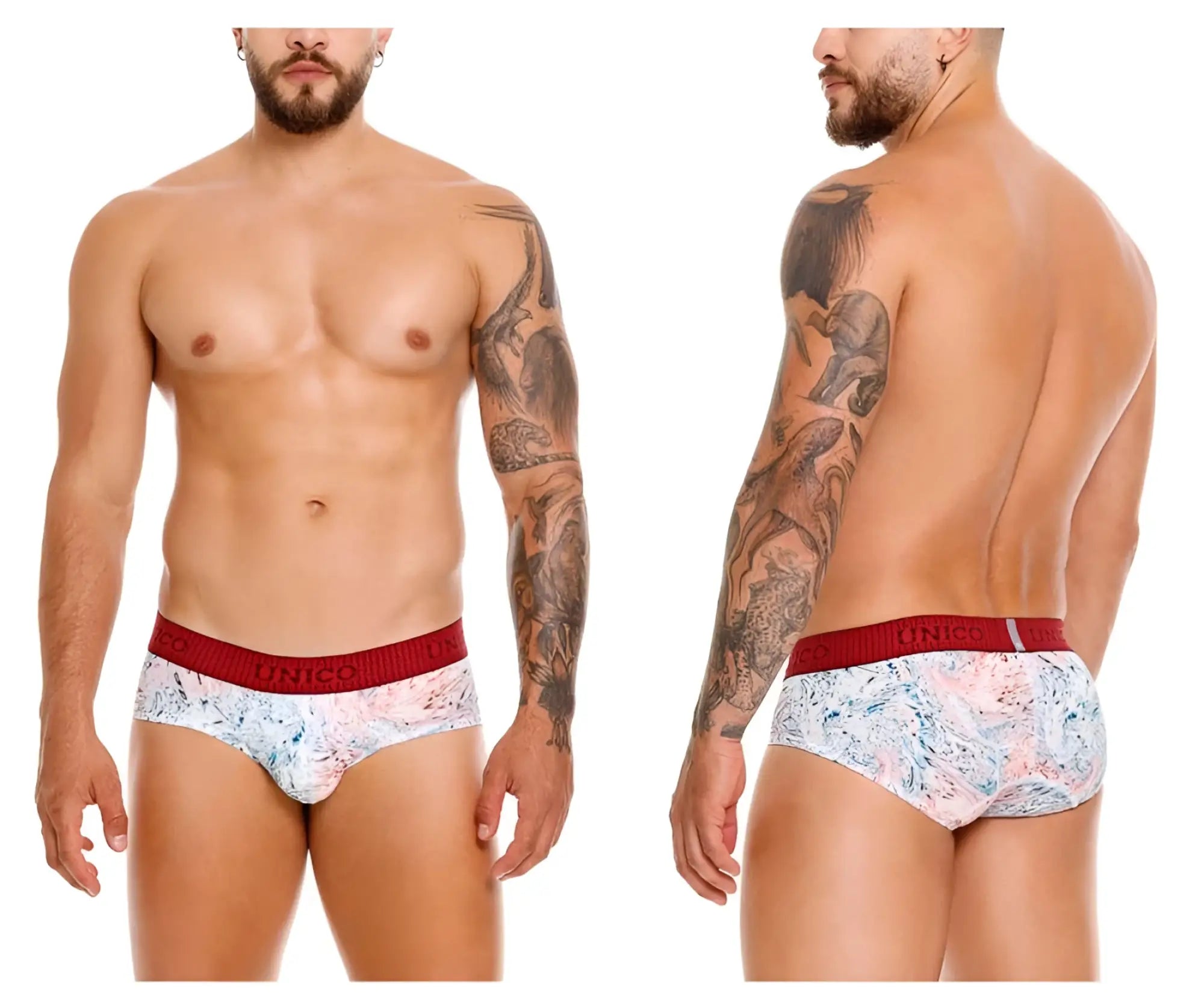 White and pink patterned unico 25020101103 rizo briefs with red elastic waistband featuring brand name unico