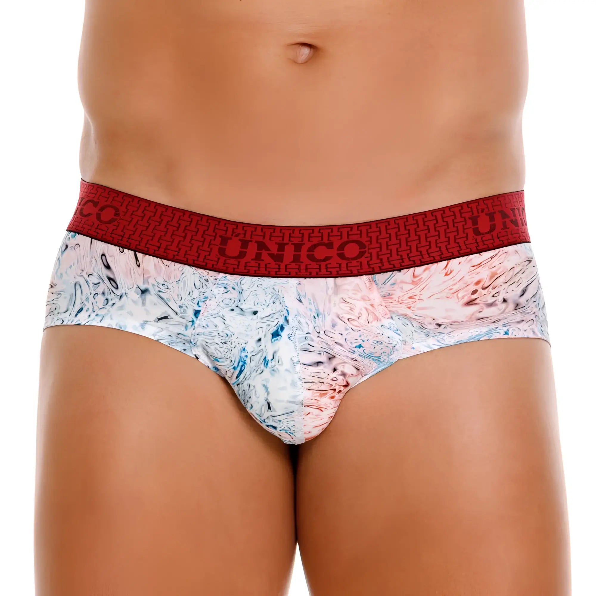 Unico 25020101103 rizo briefs in red and white marbled pattern with bold red waistband in white color
