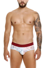 White and red patterned unico rizo briefs with bold red elastic waistband featuring the unico brand name