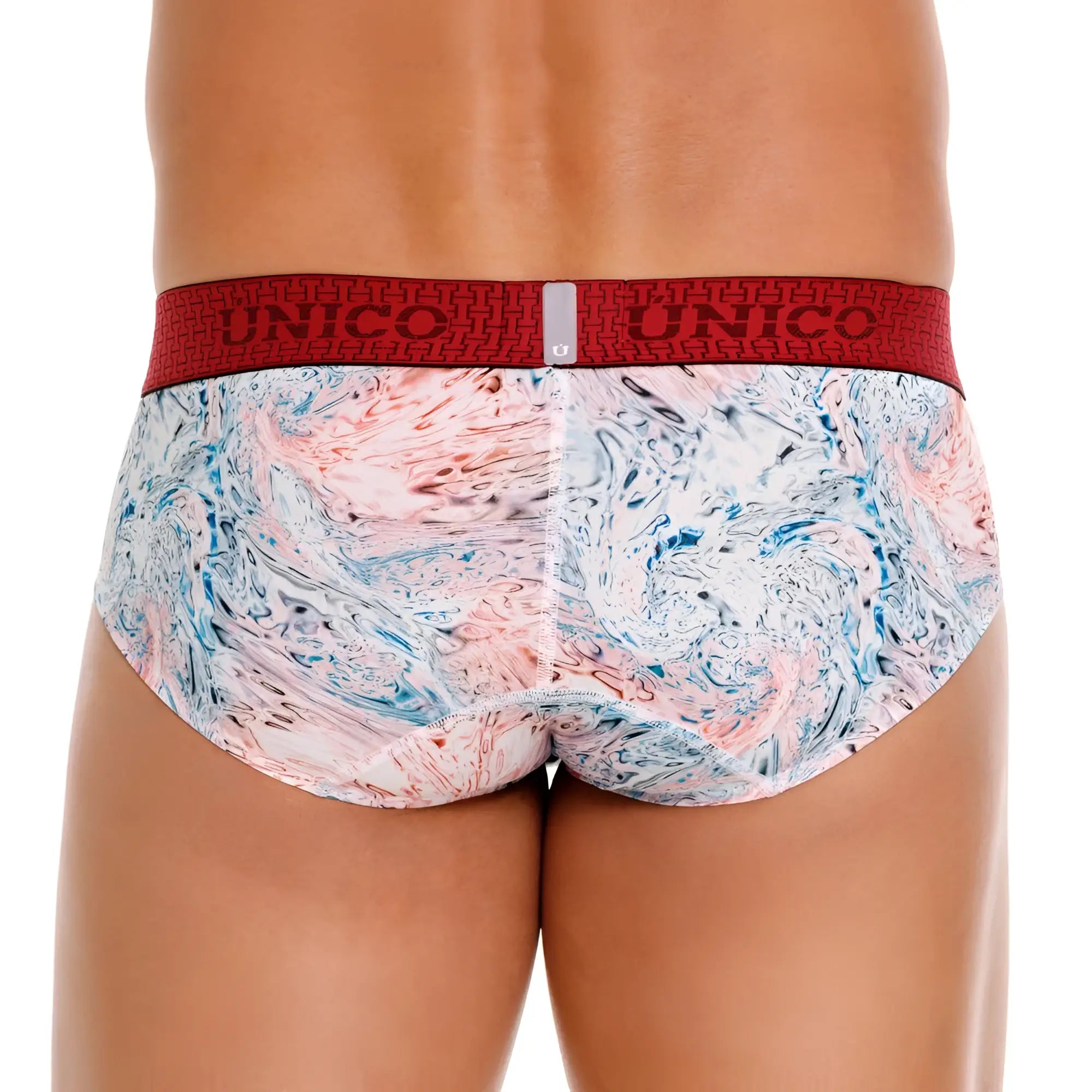 Unico 25020101103 rizo white briefs with red and white patterned marbled design in pink blue and gray for men