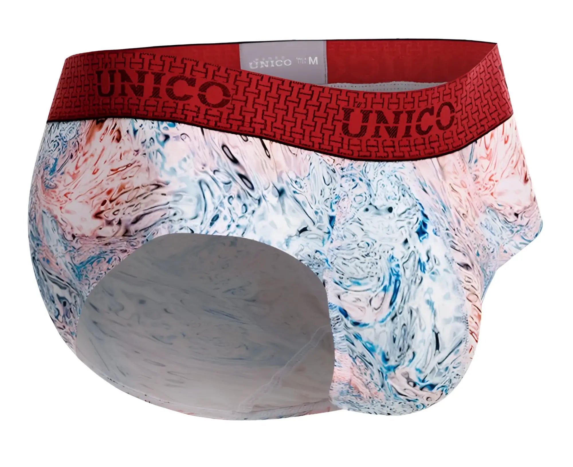 Red and white patterned unico men’s briefs with bold abstract watercolor design in color 00-white