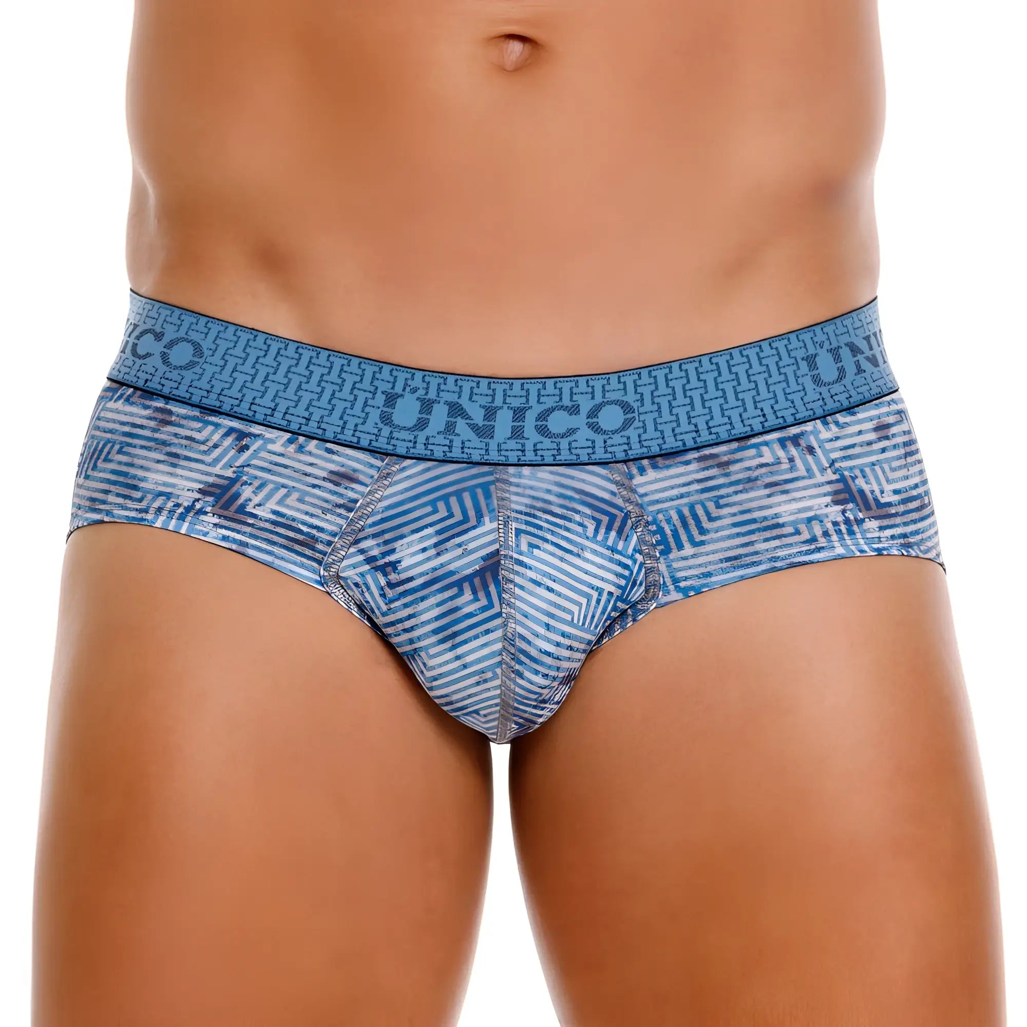 Blue and white geometric-patterned unico ostion men’s briefs with textured waistband in color 46-blue