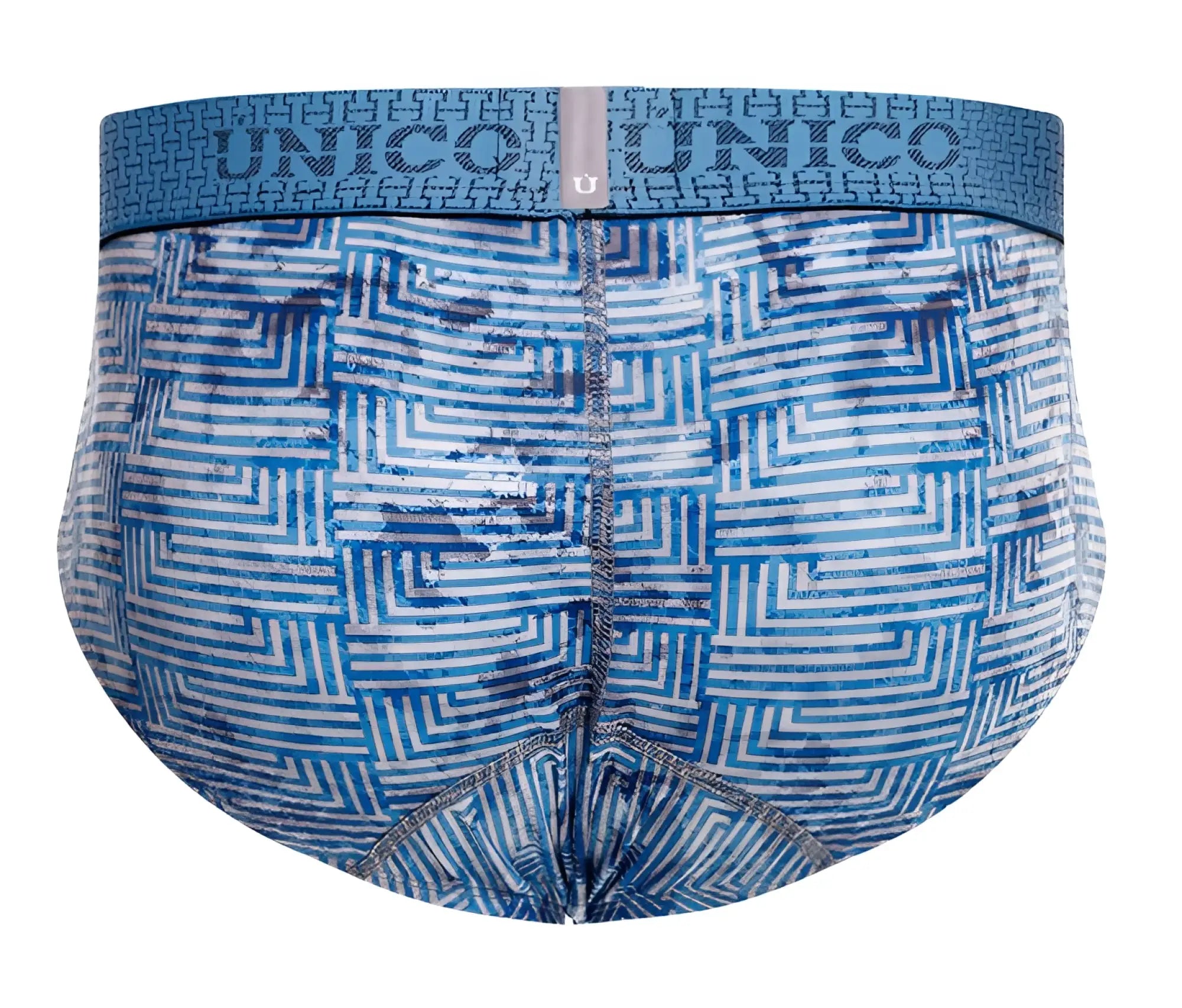 Unico 25020101111 ostion brief blue geometric patterned men’s briefs with branded waistband in front view