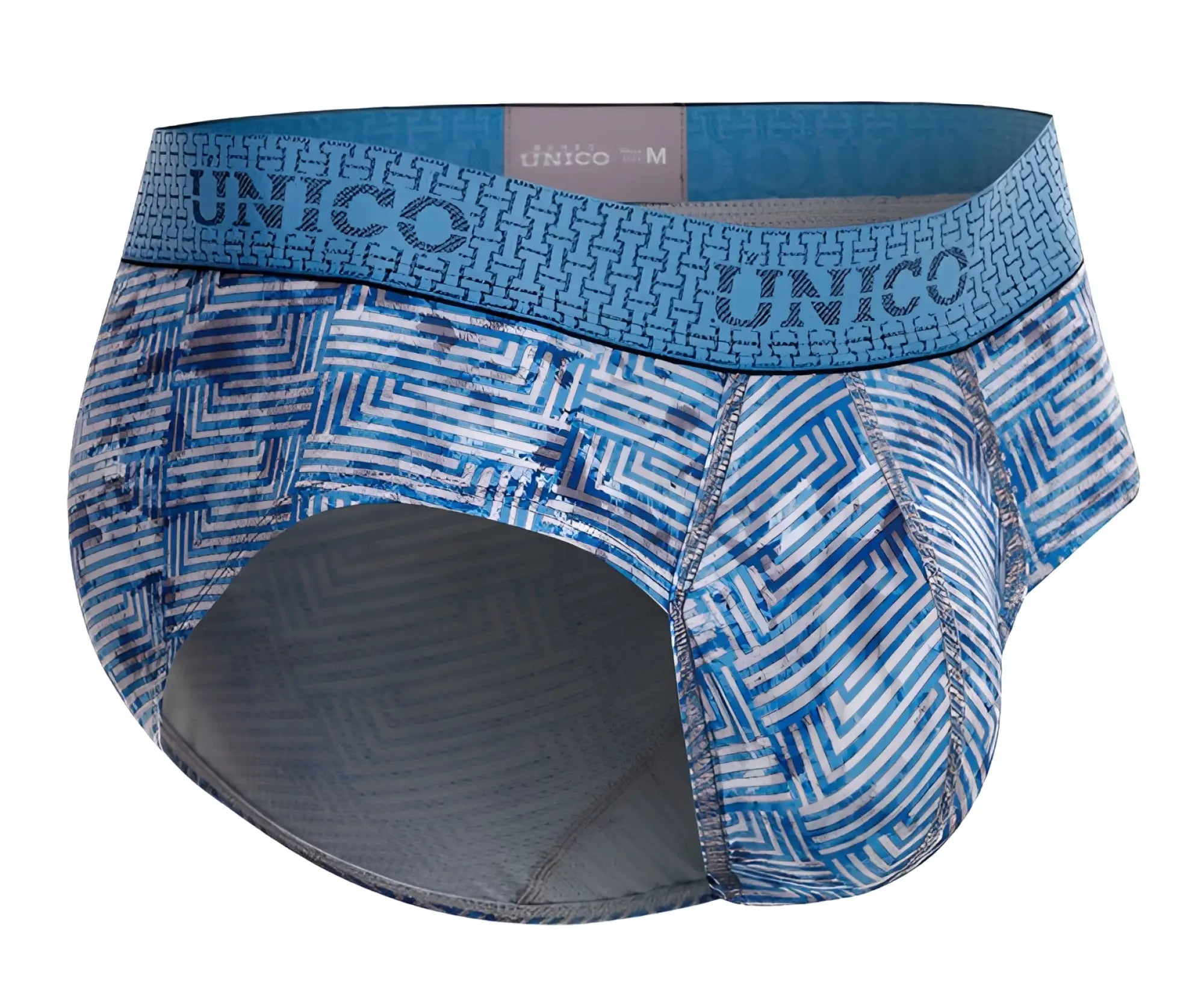 Blue and white geometric-patterned unico 25020101111 ostion brief men’s briefs with matching elastic waistband