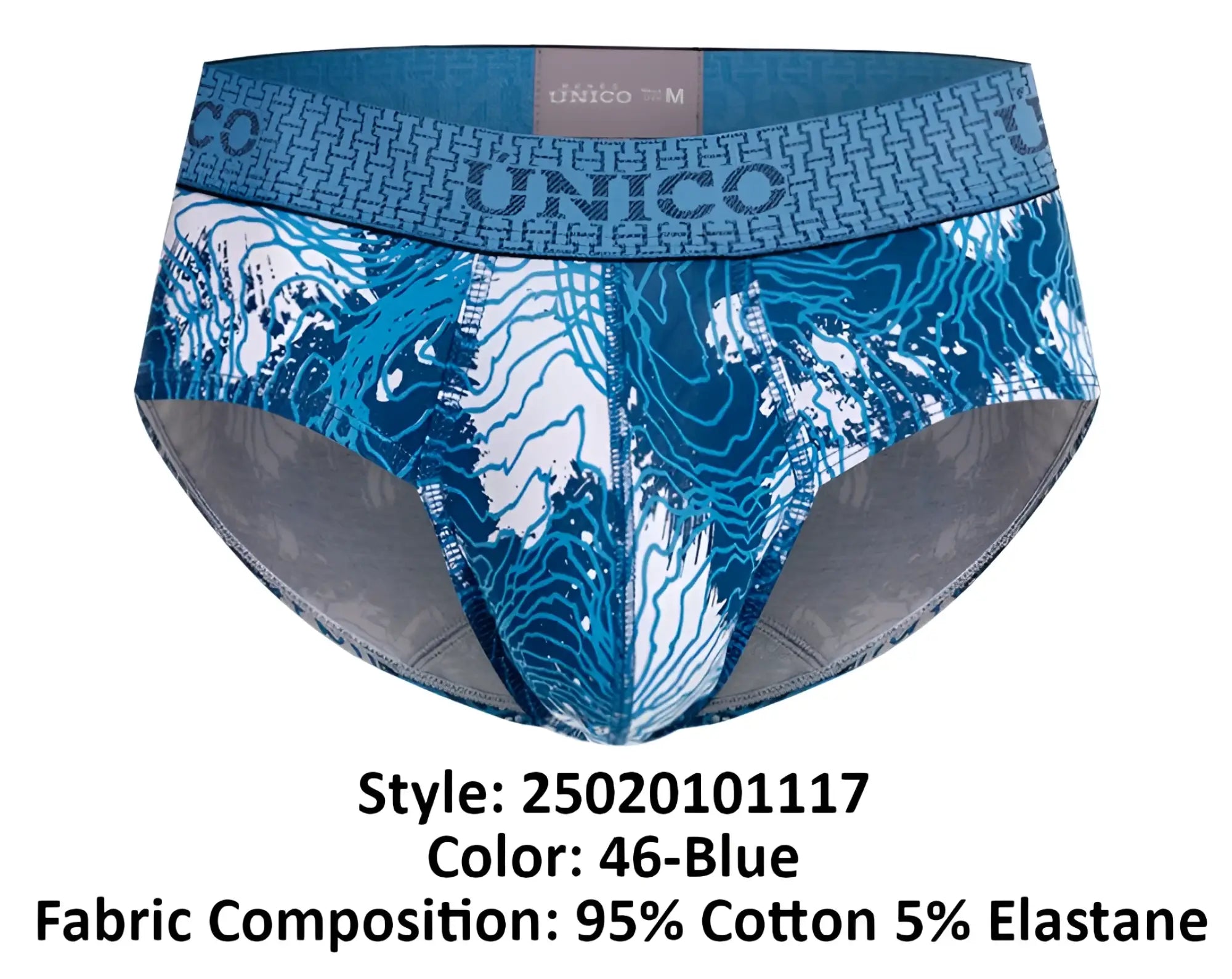 Unico 25020101117 barniz briefs in blue with a topographic map pattern and elastic waistband for men