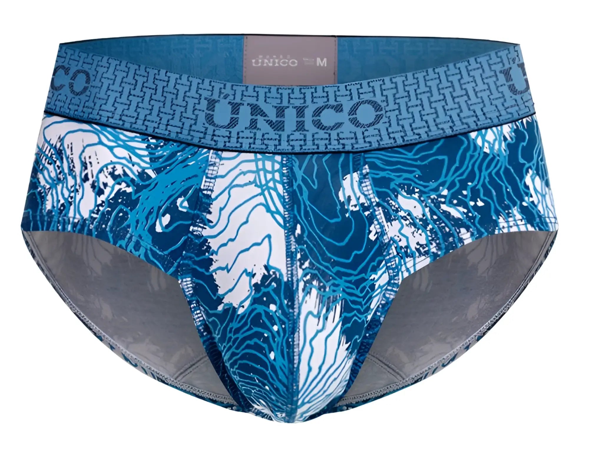 Unico 25020101117 barniz briefs in blue with white patterns and a geometric waistband design for men
