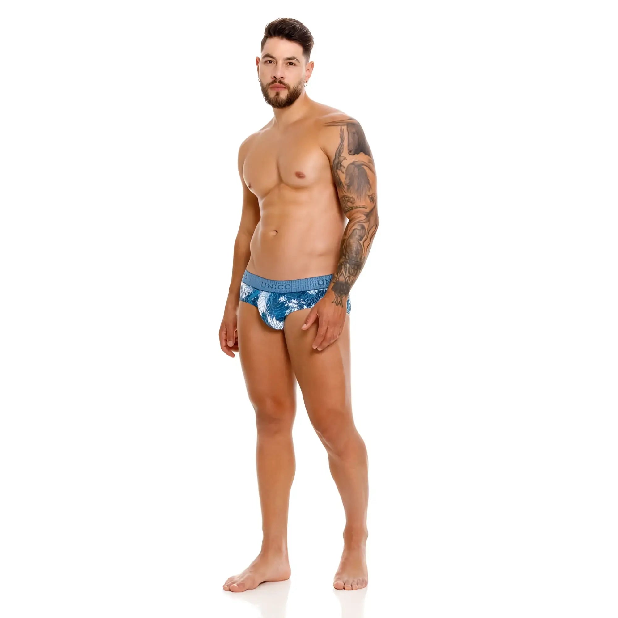 Blue and white patterned unico barniz briefs with textured fabric design in color 46-blue for men