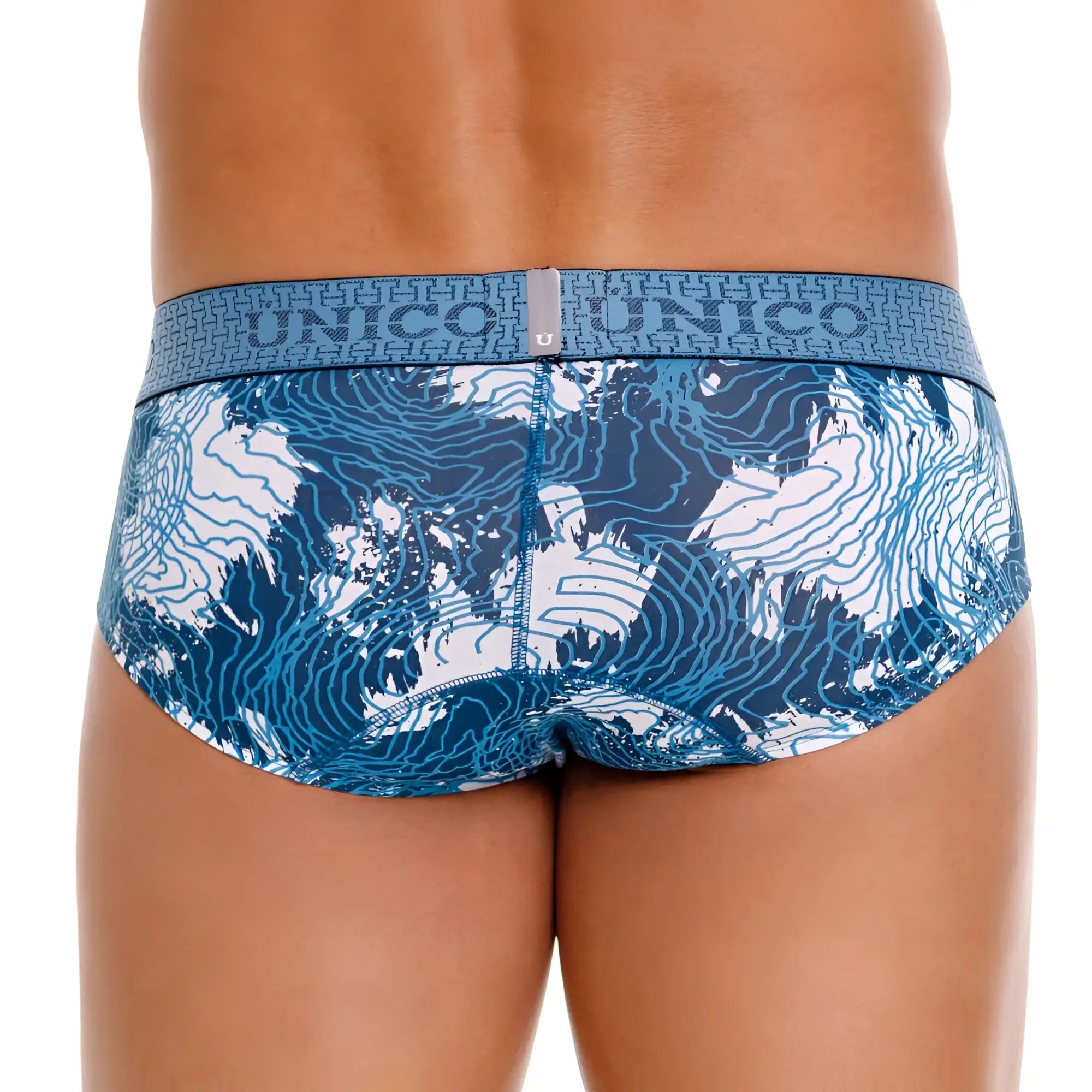 Men’s unico 25020101117 barniz briefs in blue and white topographic map pattern with branded elastic waistband