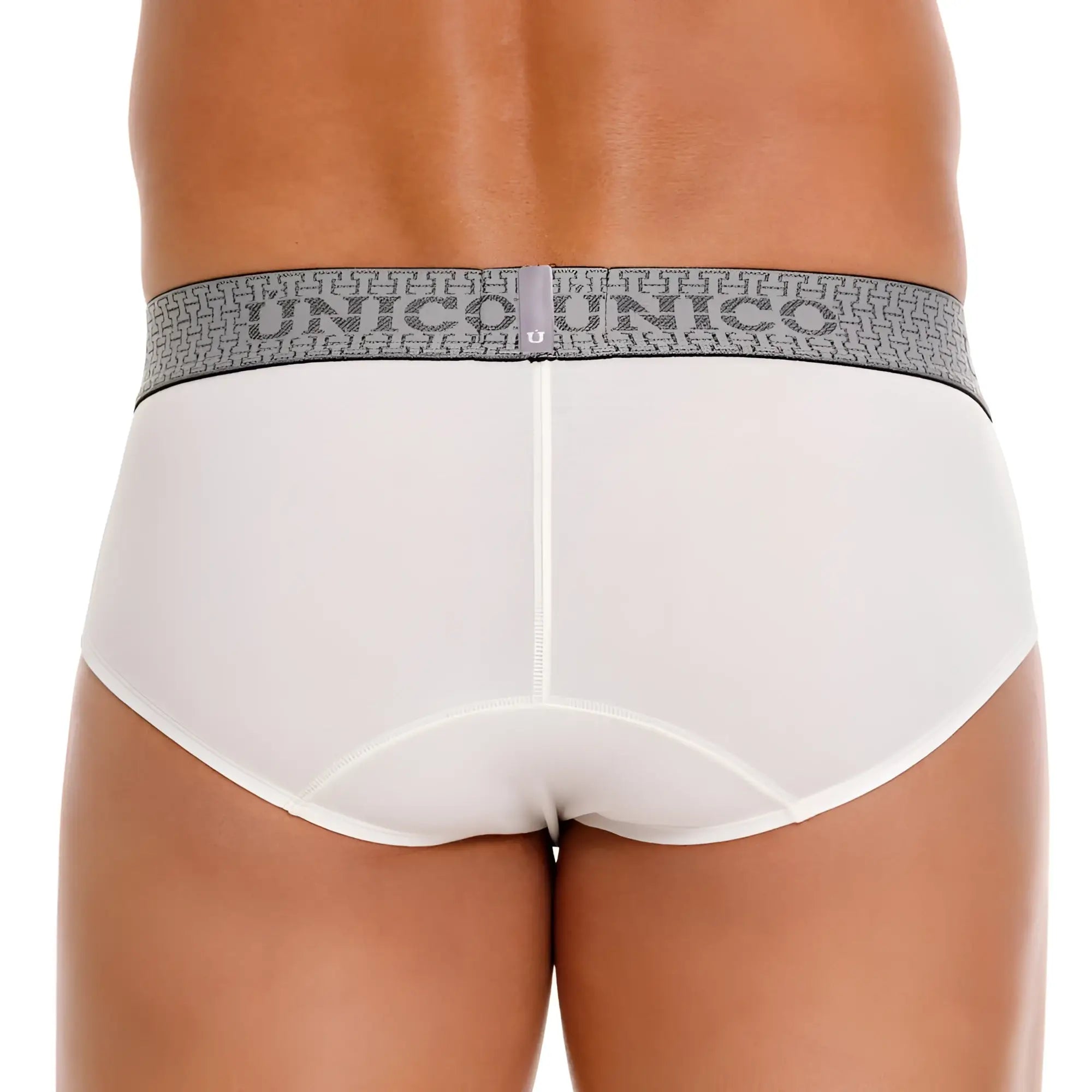 White unico briefs with gray patterned waistband featuring unico logo in marfil color model 25020101120