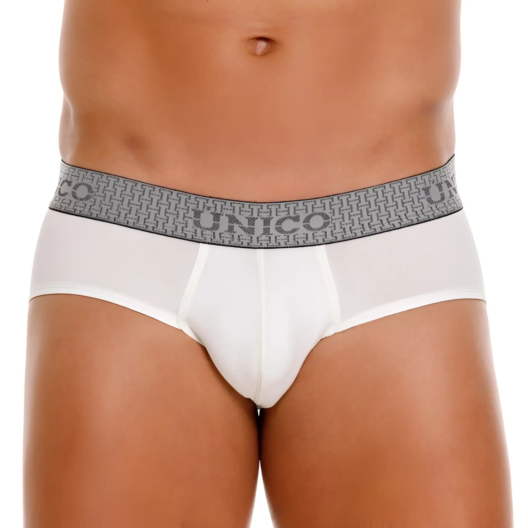 White unico 25020101120 marfil briefs with gray patterned waistband featuring unico brand name in color 02-white