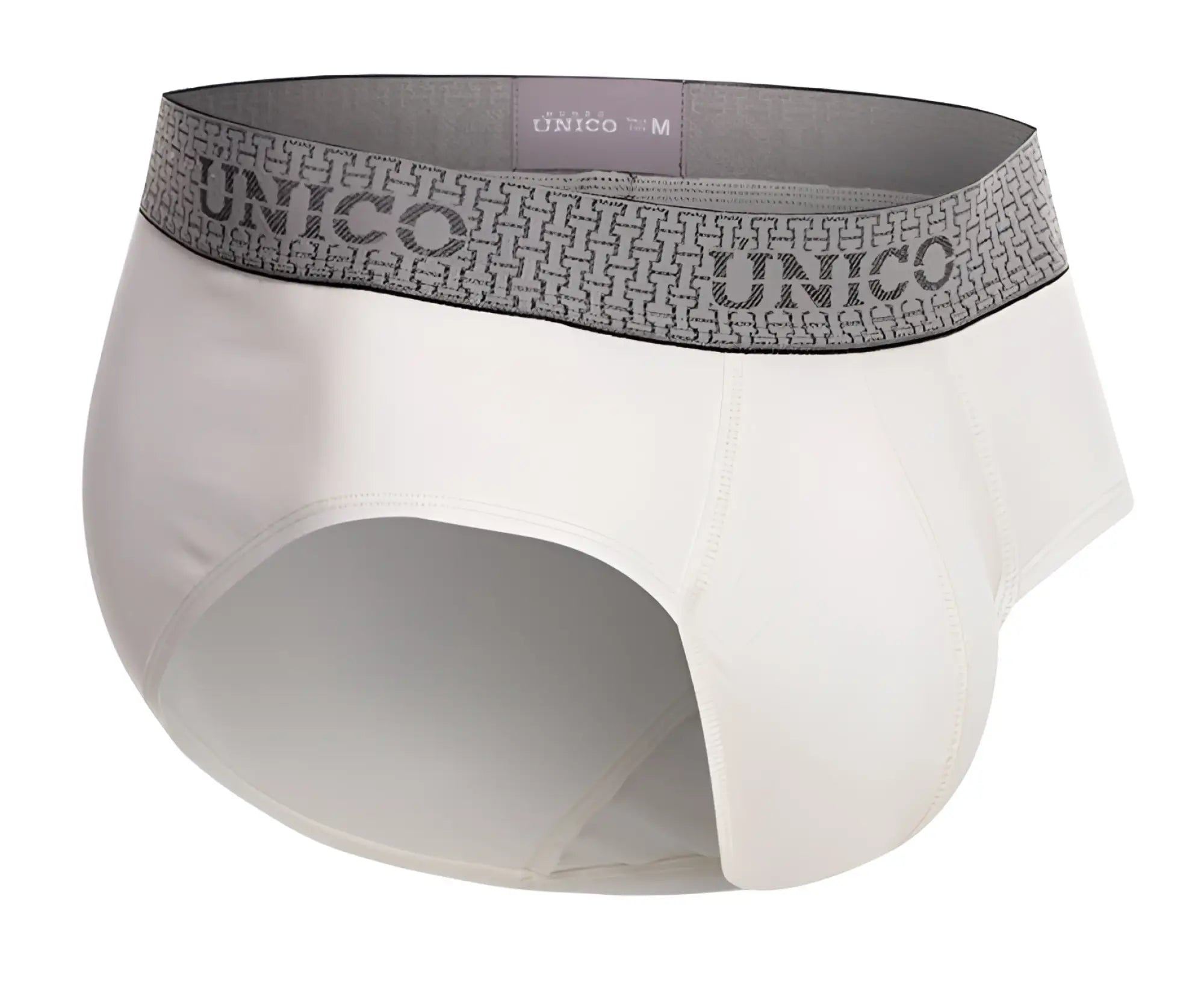 White unico men’s briefs with gray patterned waistband featuring the brand name in color 02-white marfil brief style