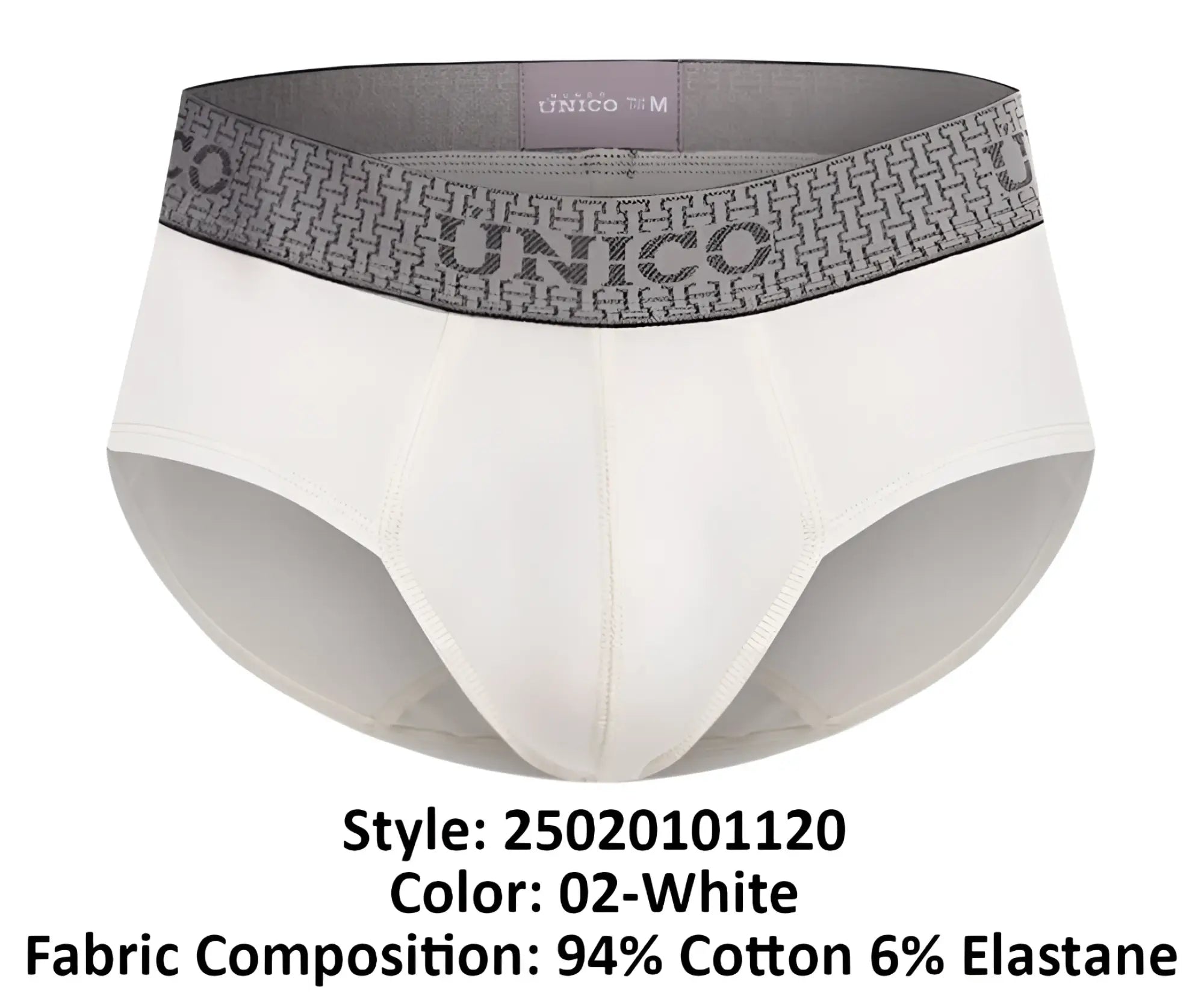 White unico mens briefs with gray patterned waistband featuring the brand name marfil briefs color 02-white