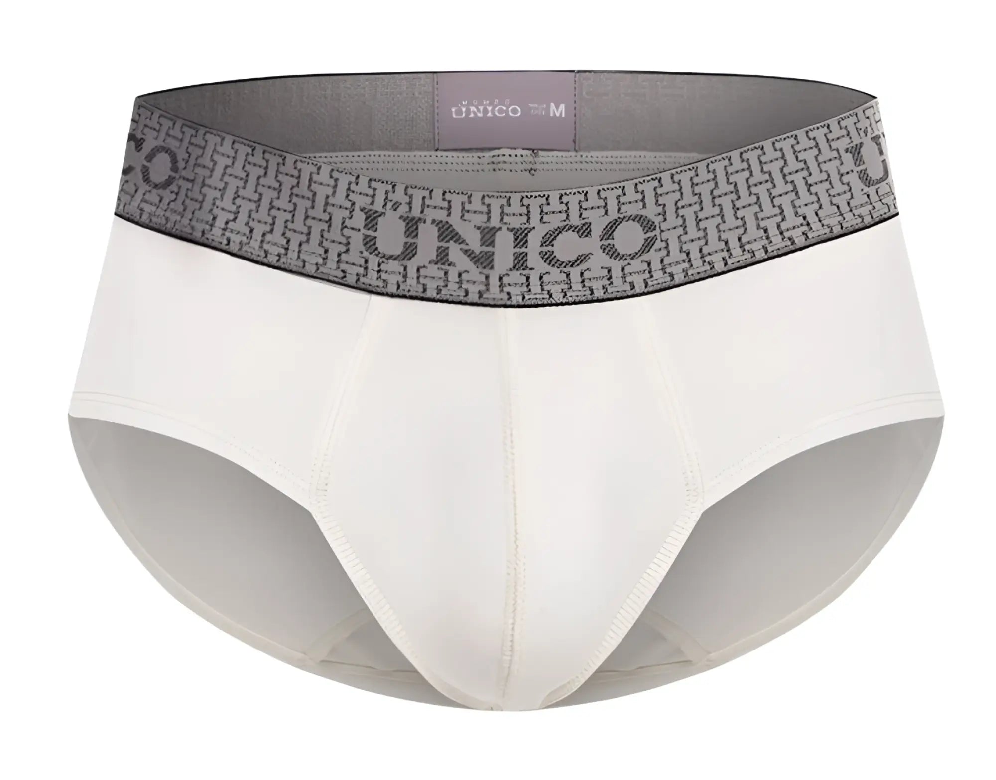 White unico 25020101120 marfil briefs with gray patterned waistband featuring bold unico branding