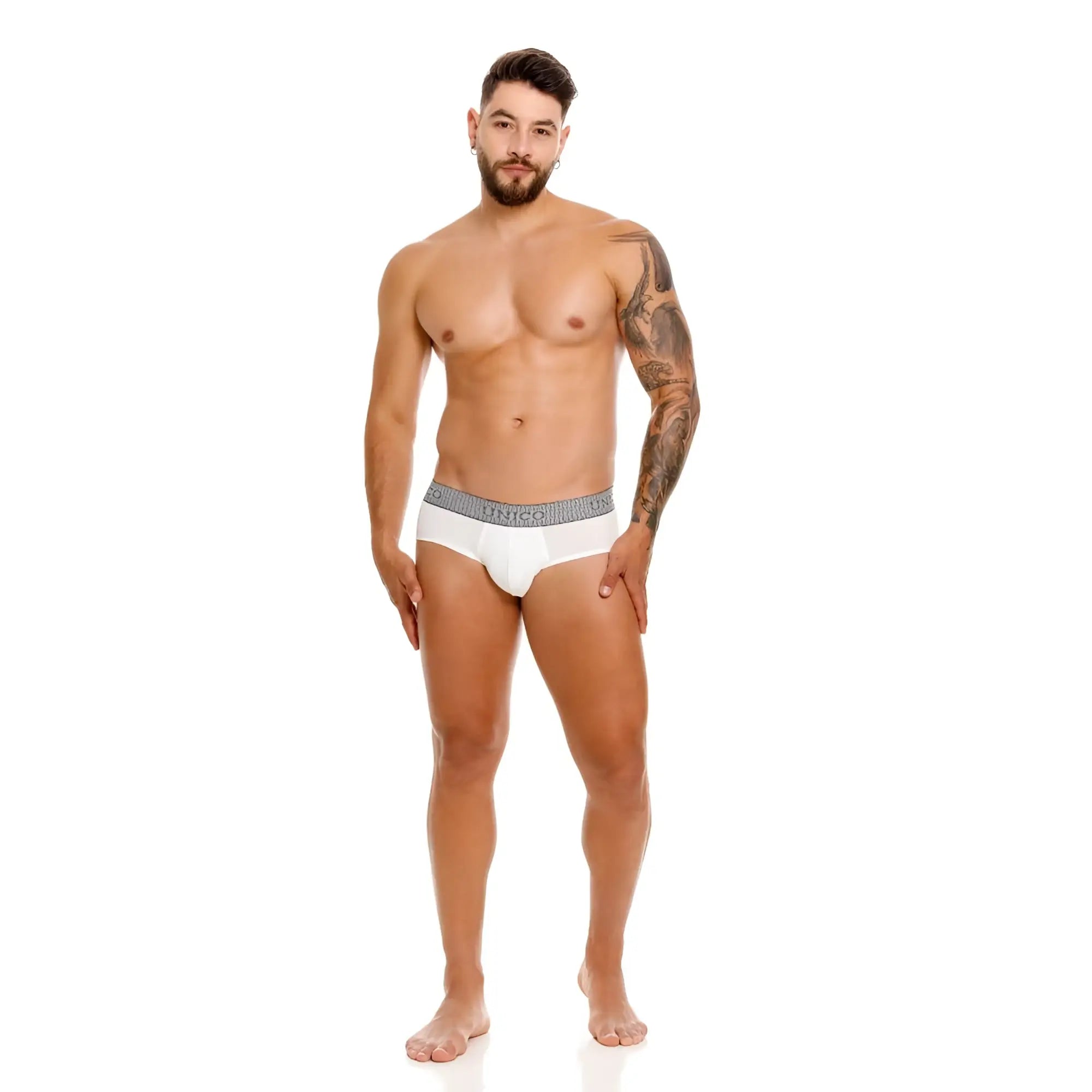 White men’s briefs with gray patterned waistband featuring mineco brand name in black in unico 25020101120 marfil color 02-white