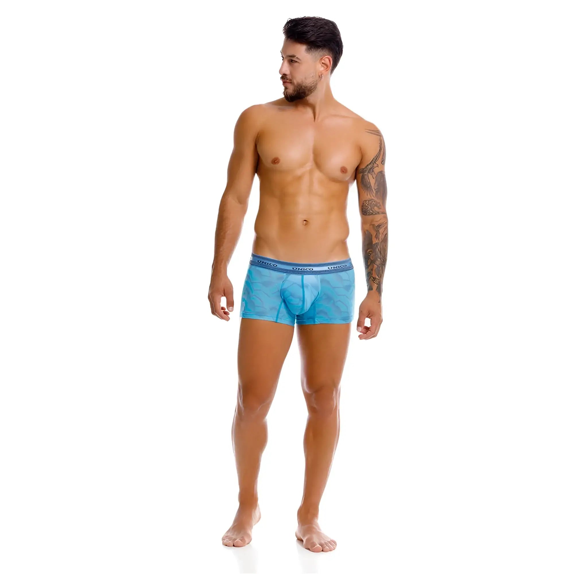 Blue patterned men’s boxer briefs with matching elastic waistband unico 25040100101 estraña trunks color 46 blue
