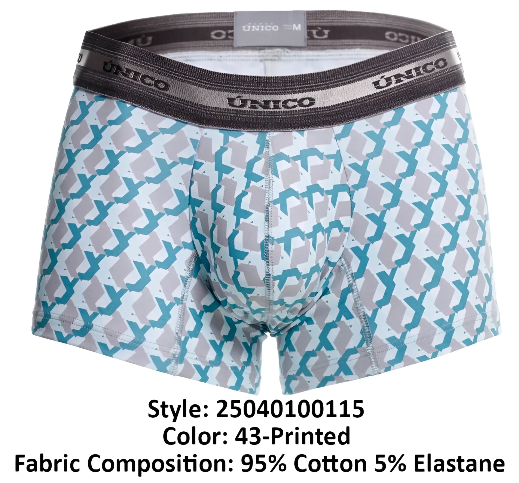 Unico 25040100115 caterva trunks in teal and gray geometric printed pattern on white fabric men’s boxer briefs