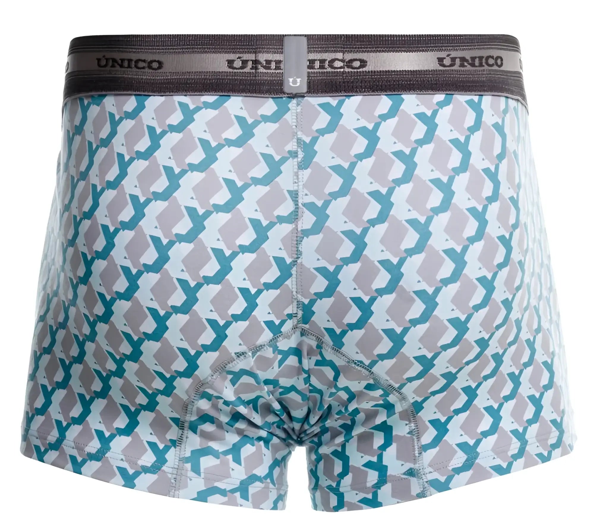 Unico 25040100115 Caterva trunks printed men’s boxer briefs with teal and gray geometric pattern and dark gray waistband