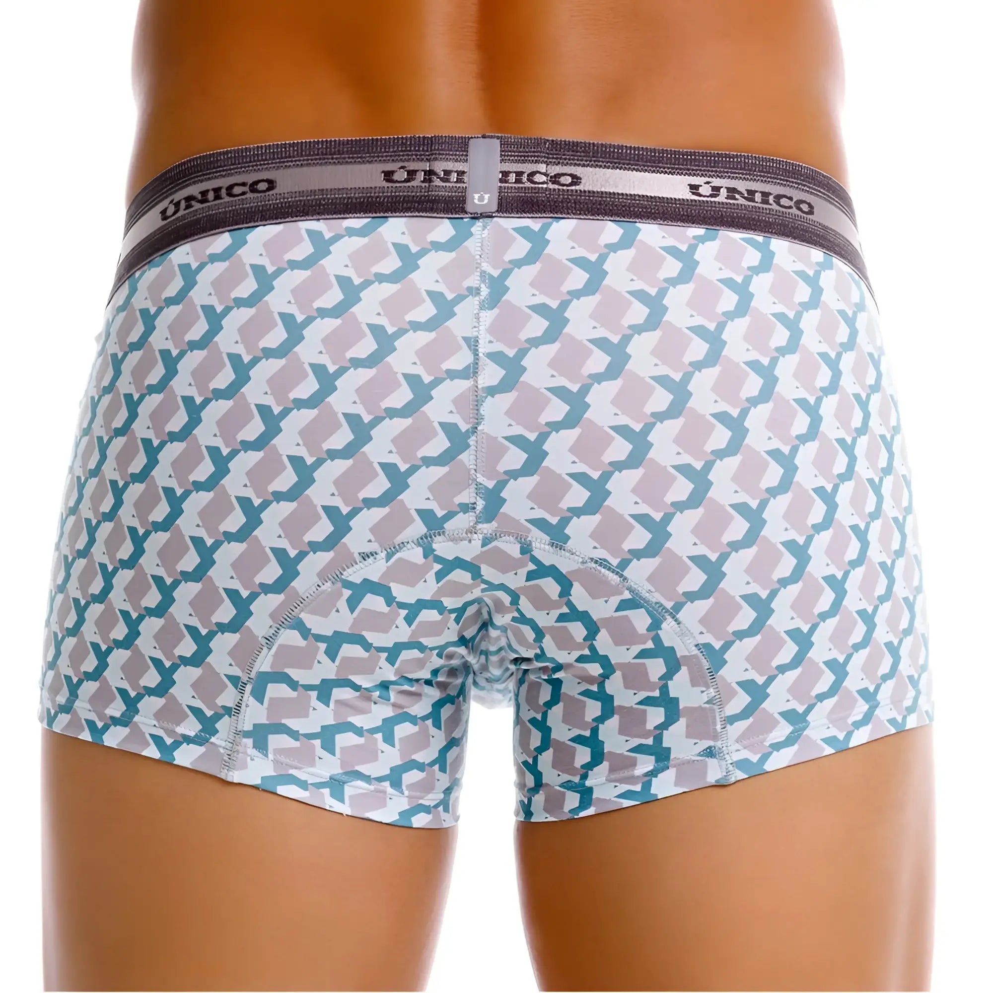 Unico 25040100115 caterva trunks color 43-printed men’s boxer briefs with white base and teal gray geometric pattern