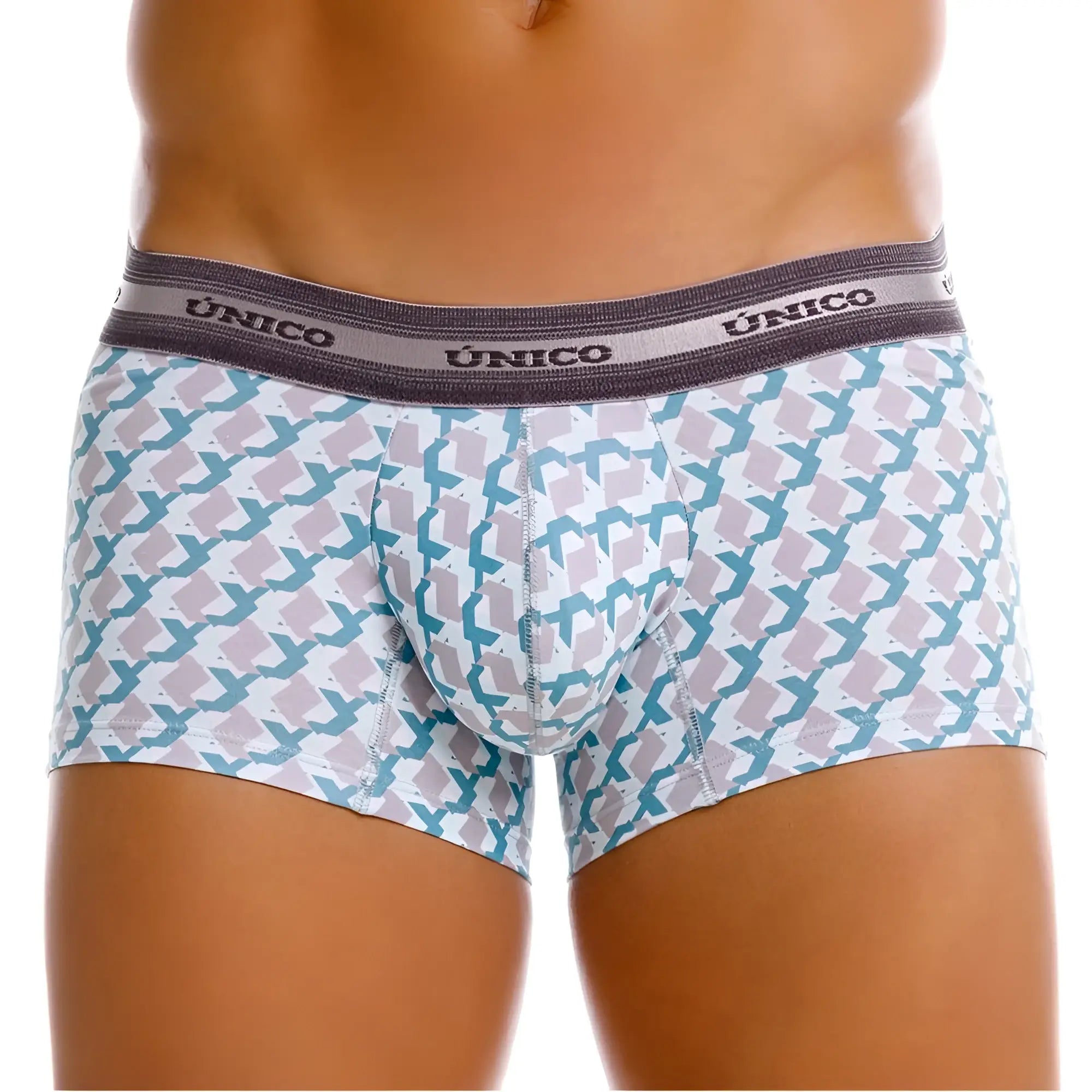 Unico 25040100115 Caterva trunks in white with blue and pink geometric print and dark gray waistband for men