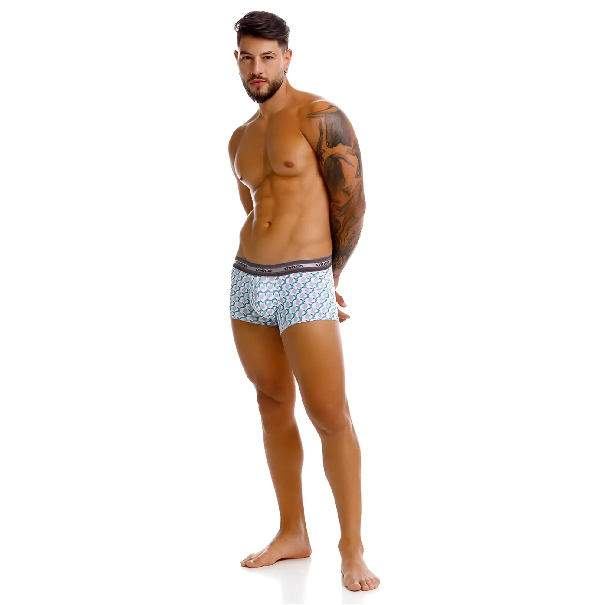Unico Caterva trunks light blue patterned boxer briefs with dark gray elastic waistband for comfortable wear